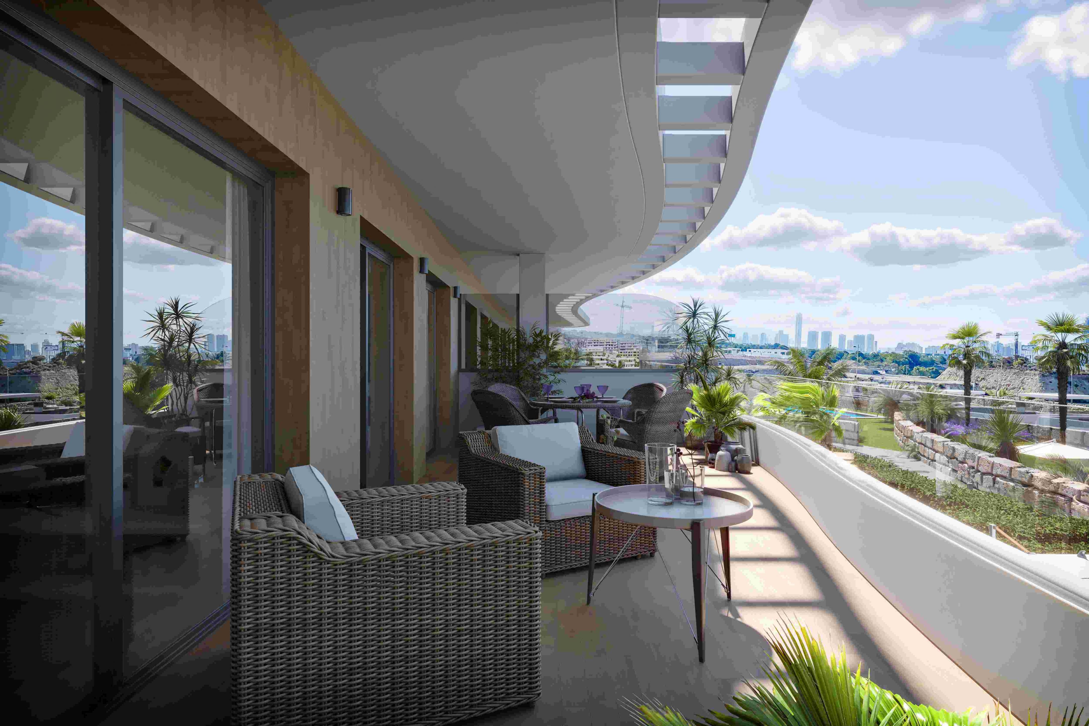 Open-plan living and dining area in 2-bedroom ground-floor apartment, Camporrosso Village, Finestrat