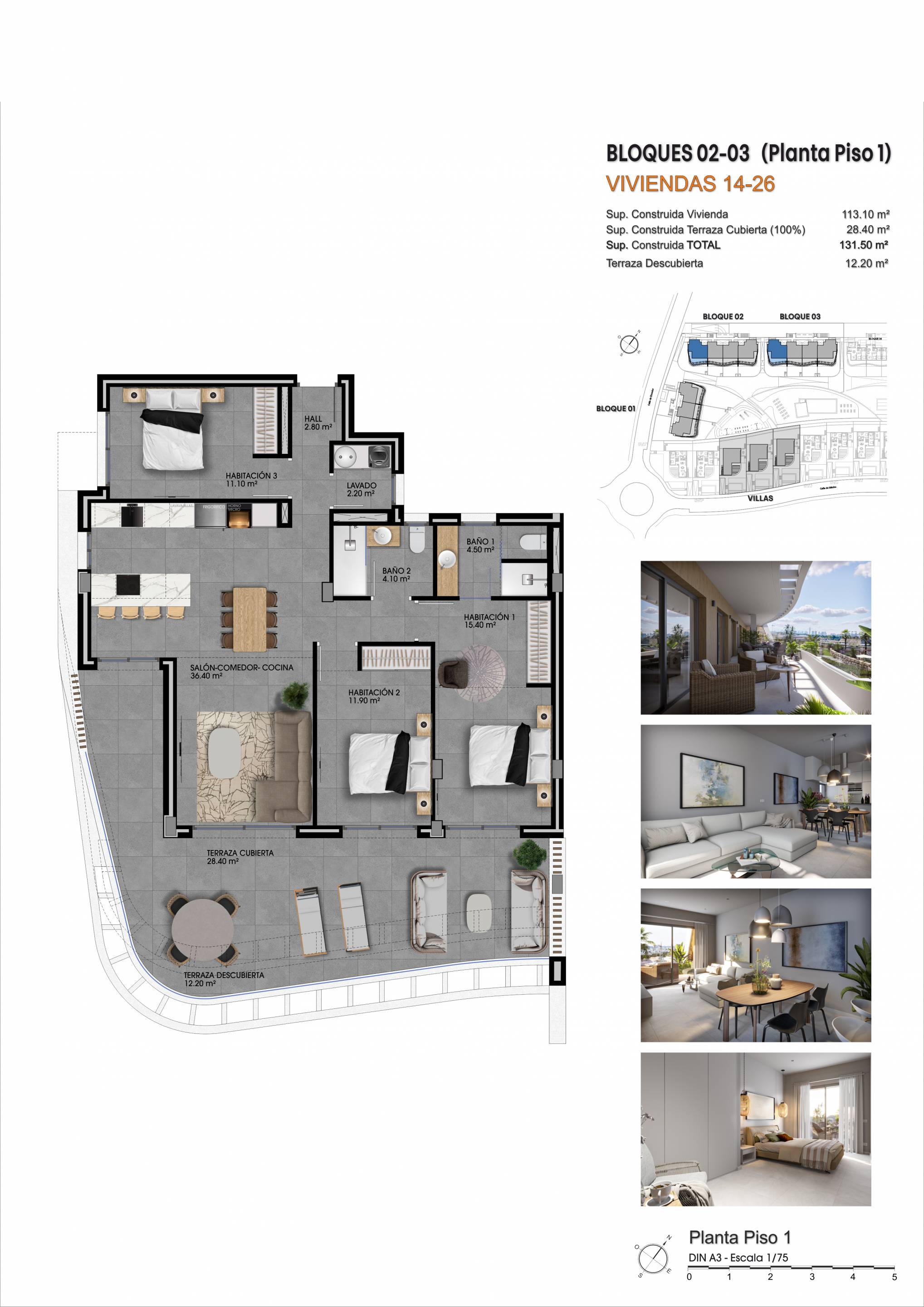 Floor plan of 3-bedroom first-floor apartment, Camporrosso Village, Finestrat