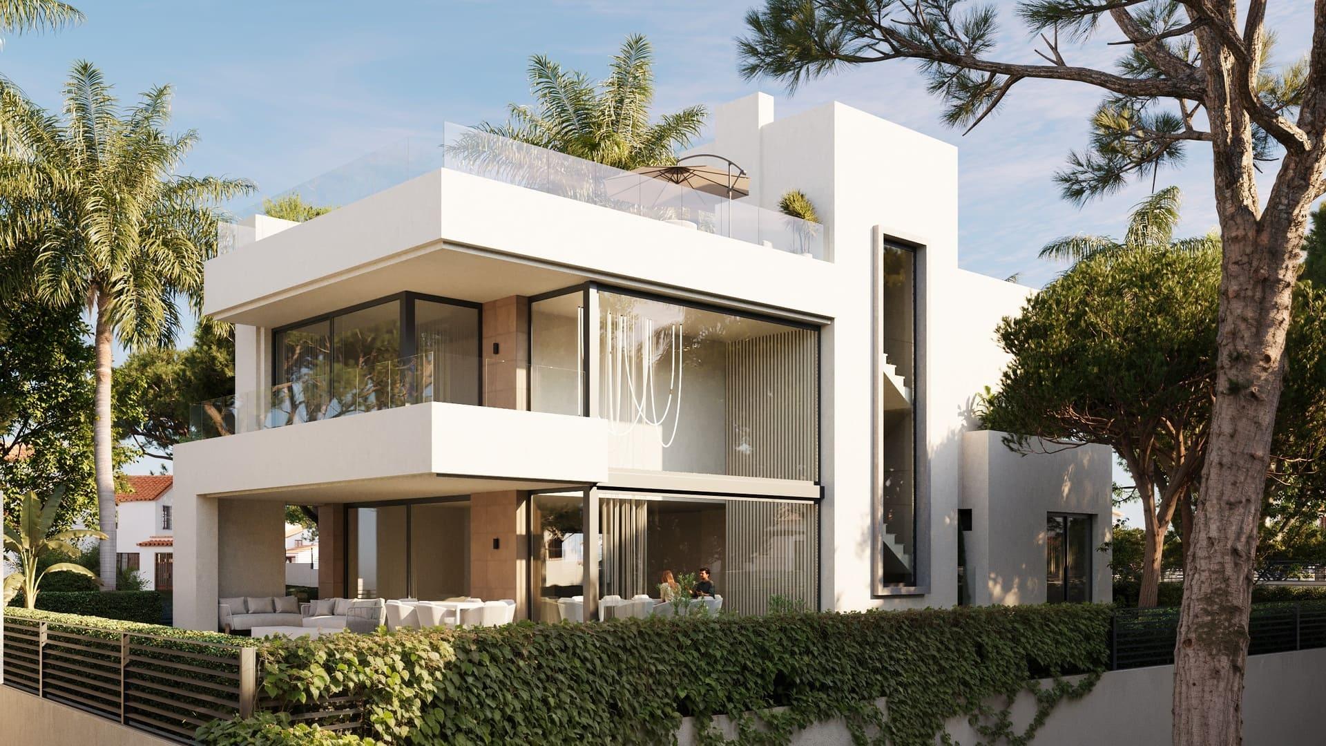 Open-plan living area with large windows in 4-bedroom new-build villa, Hacienda, Marbella