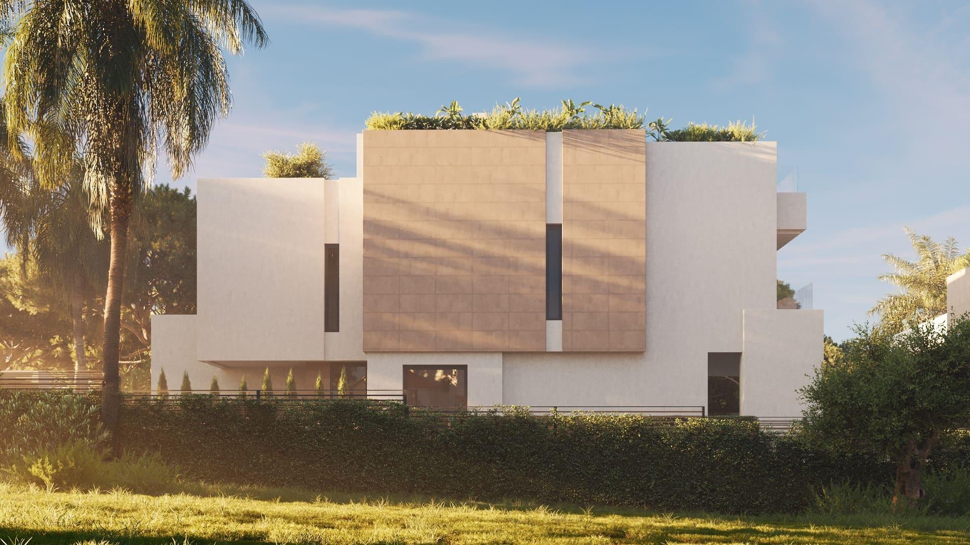Night-time exterior view of illuminated 4-bedroom new-build villa, Hacienda, Marbella