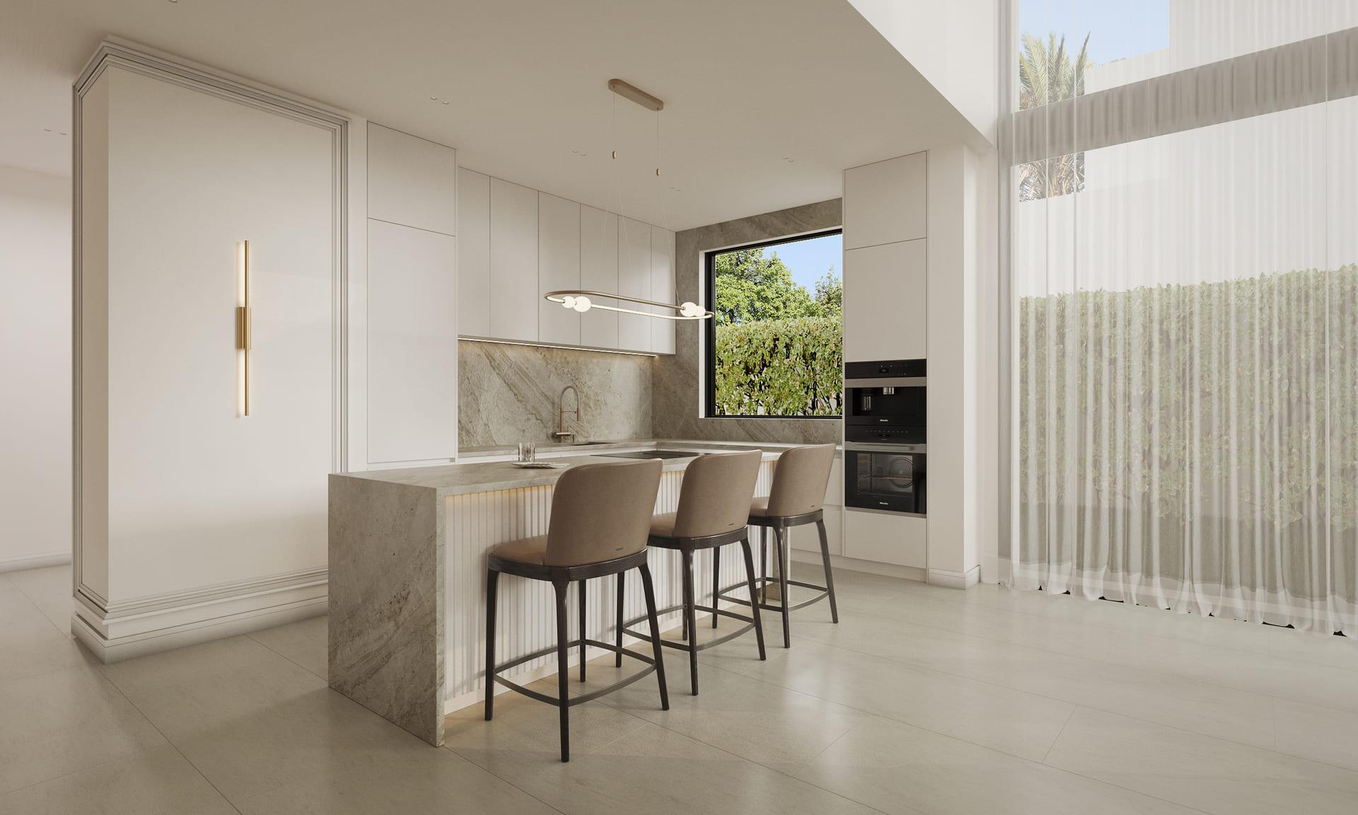 Outdoor lounge area with views over landscaped garden, new-build villa, Hacienda, Marbella