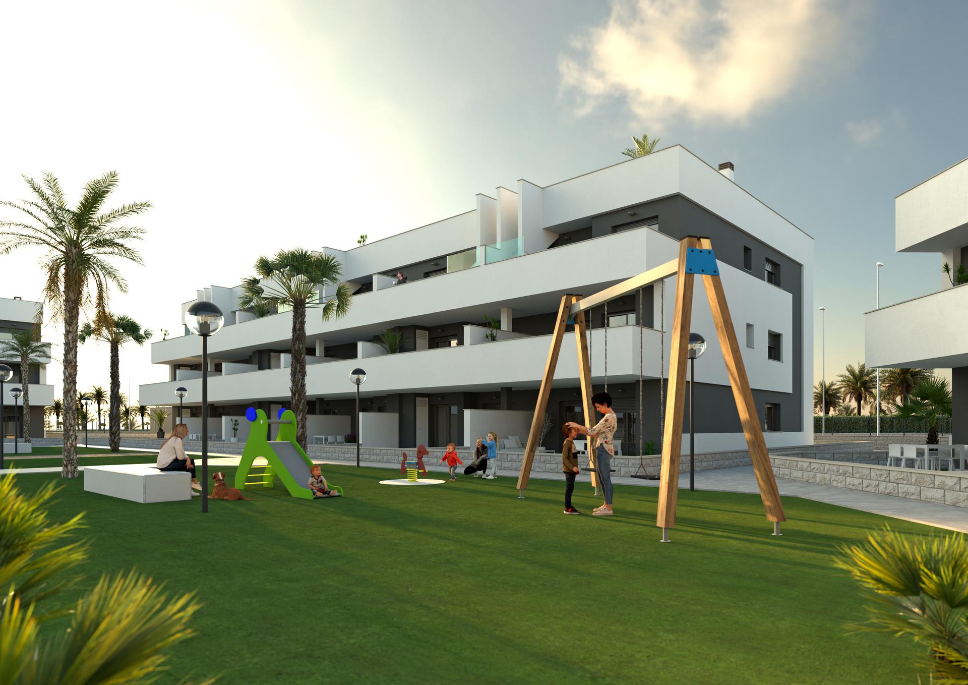 Street-level view of new-build complex entrance, El Raso, Guardamar Del Segura