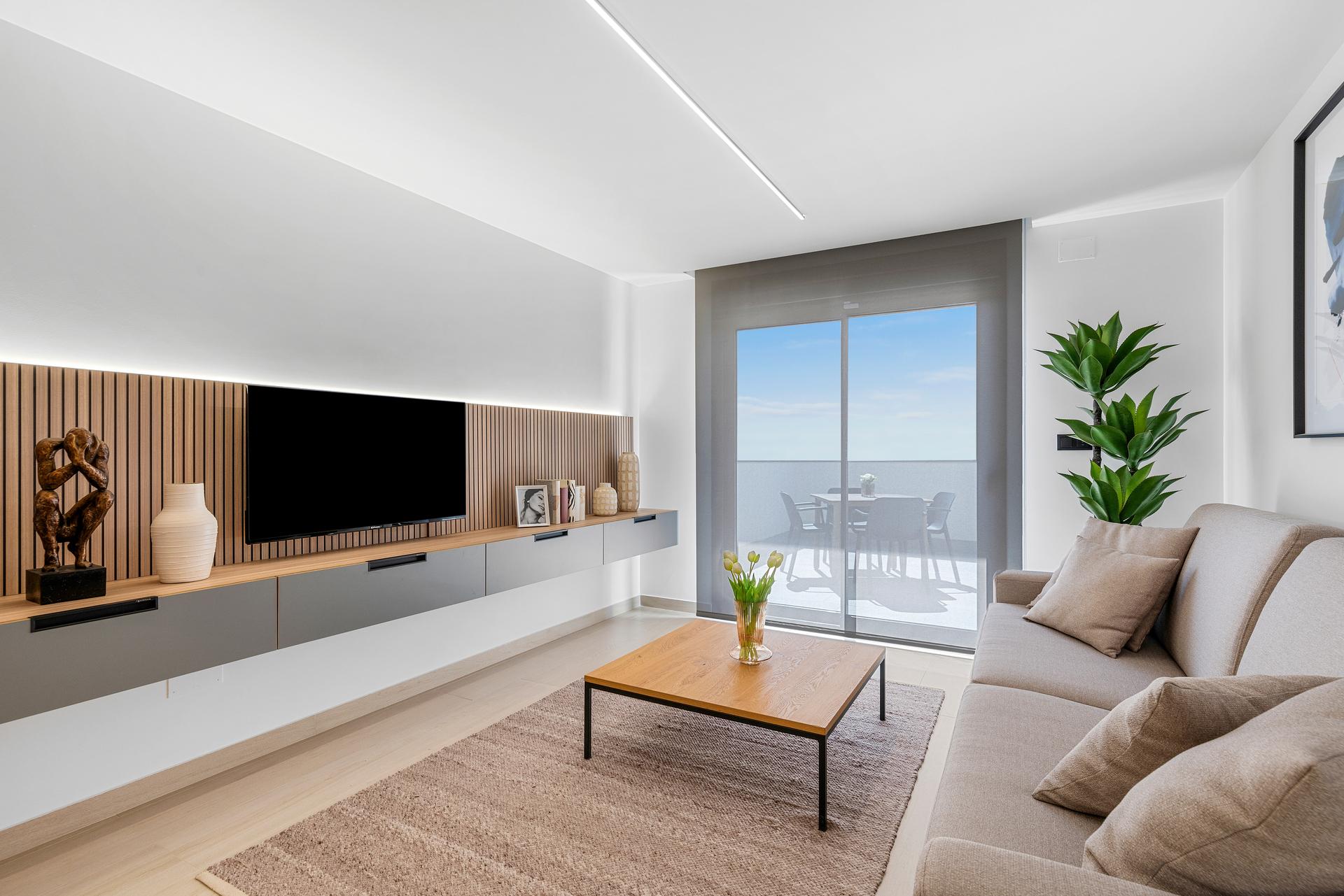 Bedroom with electric blinds and built-in wardrobe doors, new-build apartment, El Raso