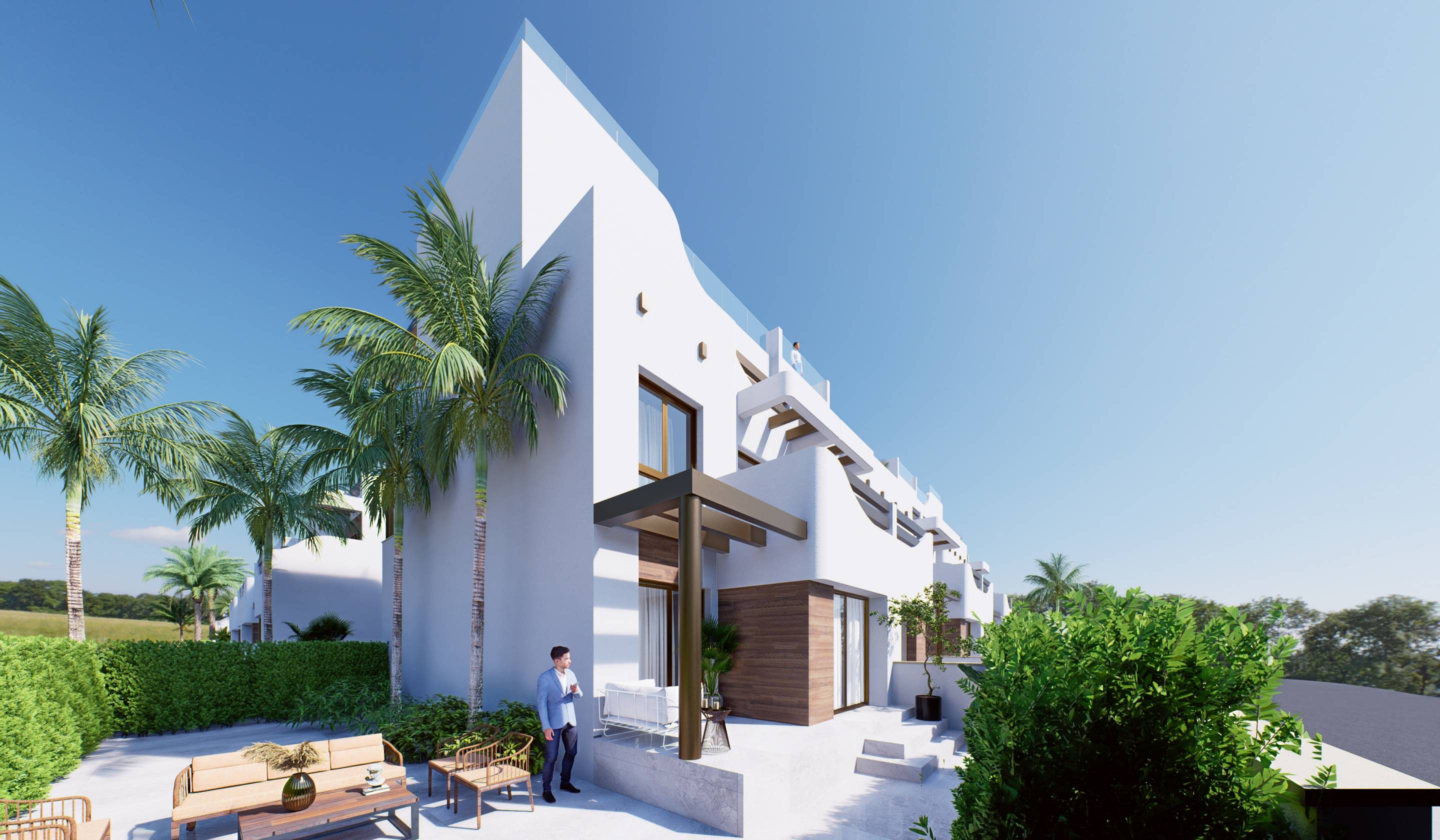 Street-level facade of new-build bungalow complex, El Mojón, Pilar De La Horadada