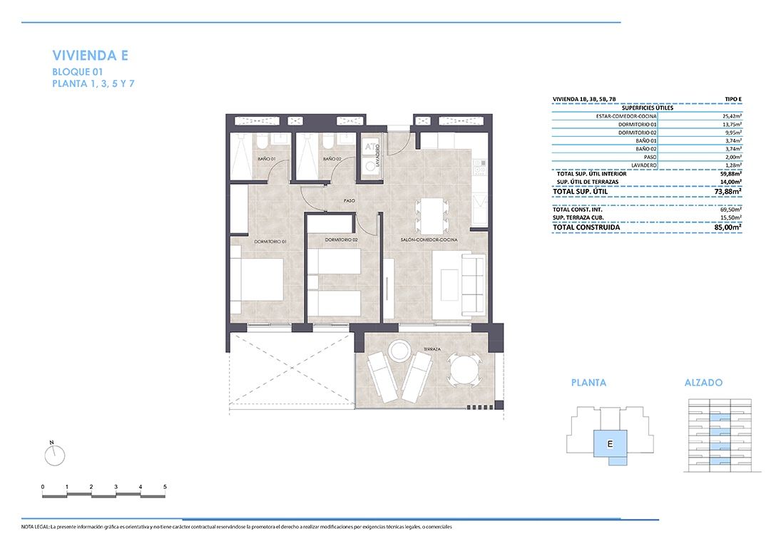 Floor plan of 2-bedroom, 2-bathroom apartment on 5th floor, Playa de Fossa-Levante, Calpe