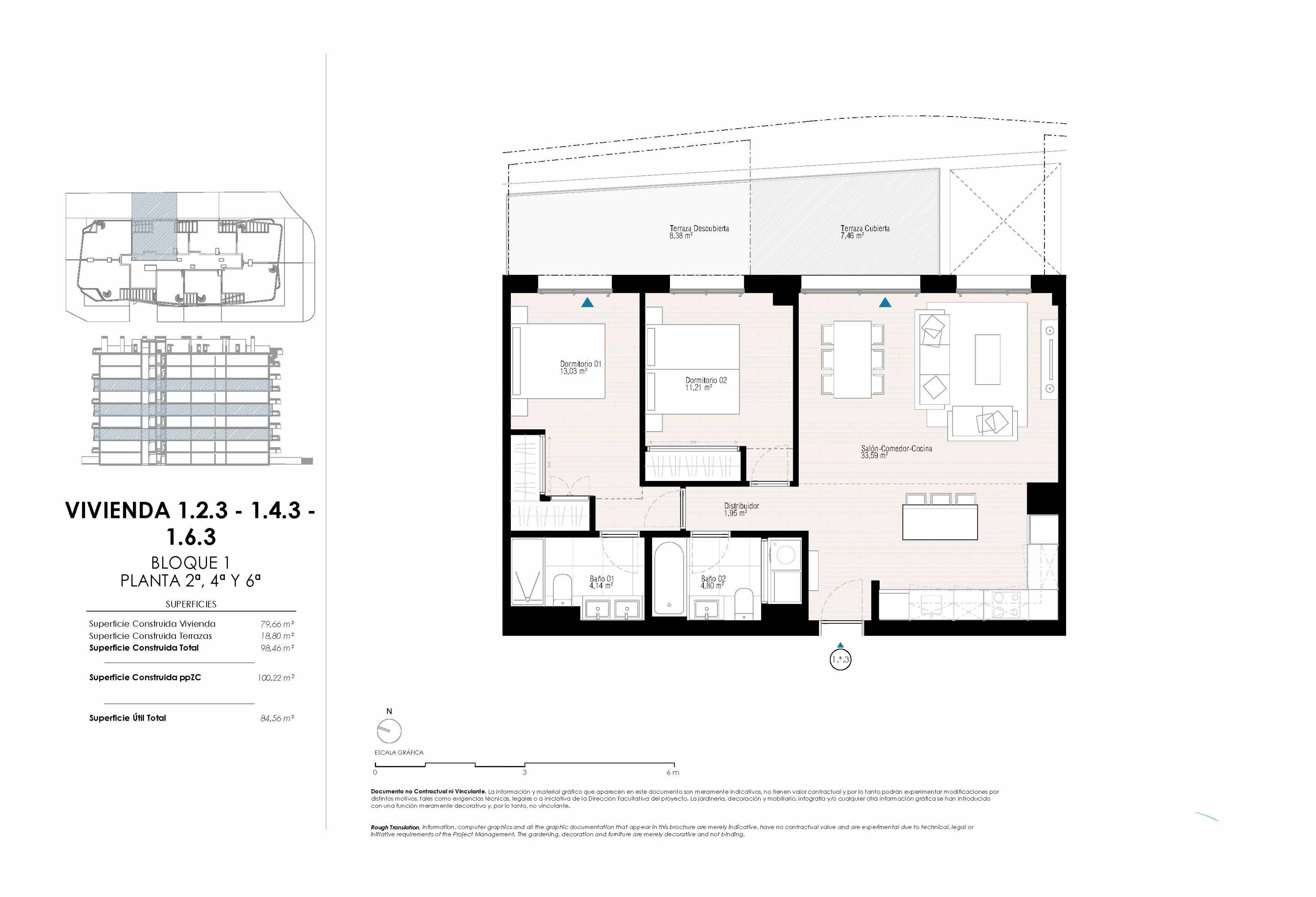Floor plan showing 98m2 layout of 2-bedroom, 2-bathroom apartment, Playas Del Torres, Villajoyosa