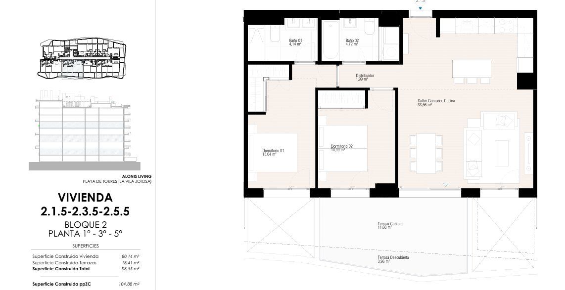 Floor plan of a 2-bedroom first-floor apartment in a new-build development, Playas Del Torres