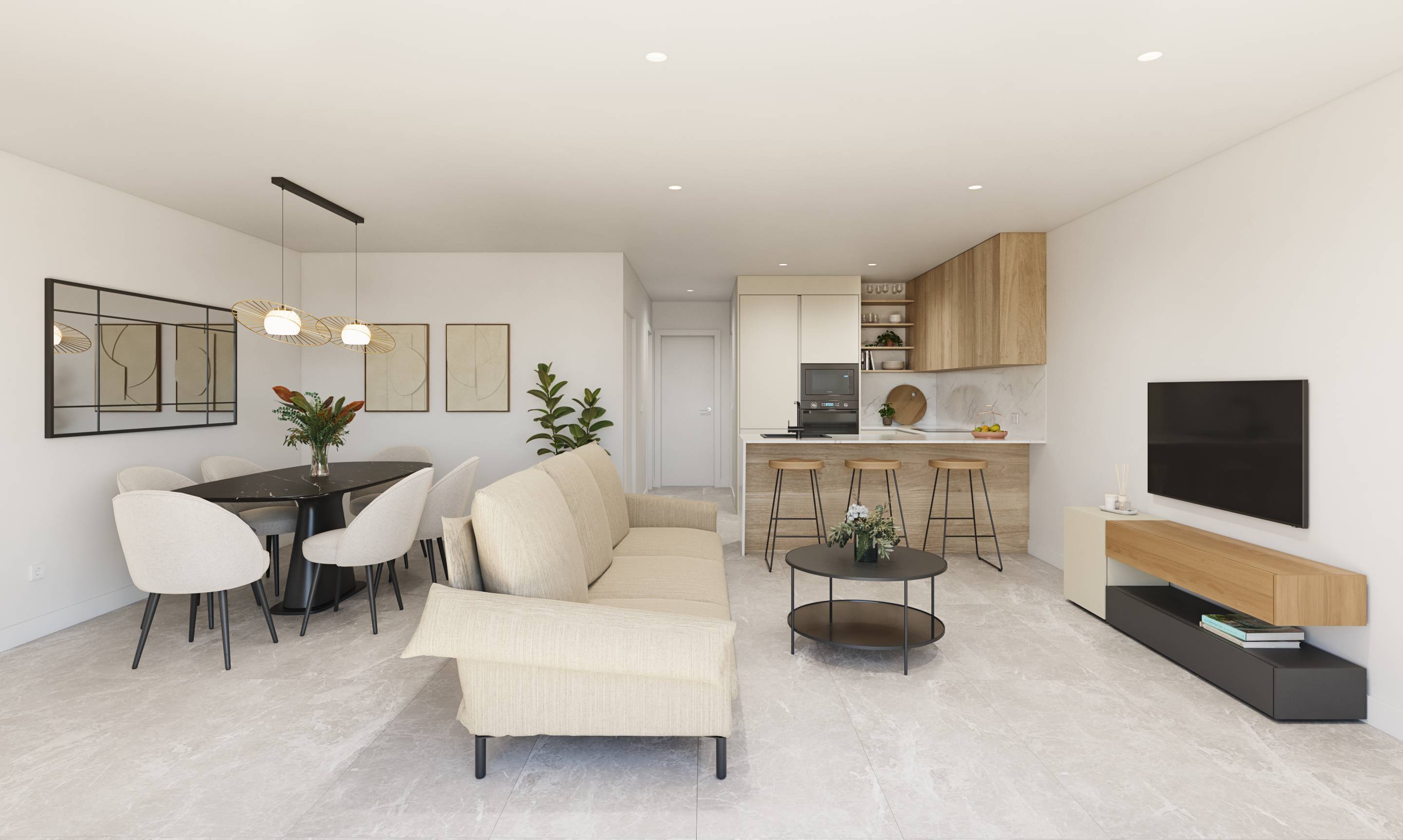 Open-plan living and dining area in 3-bedroom new-build bungalow, Zona Pueblo, Pilar De La Horadada