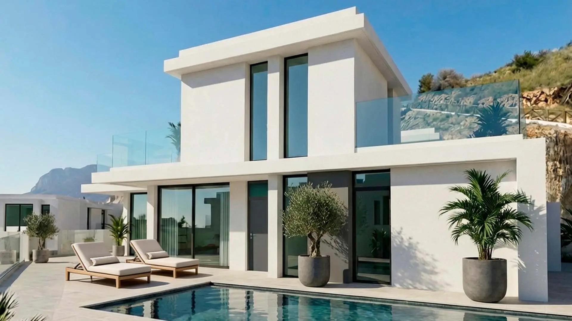 Private pool and surrounding terrace at new-build villa, Rincón de Loix, Benidorm