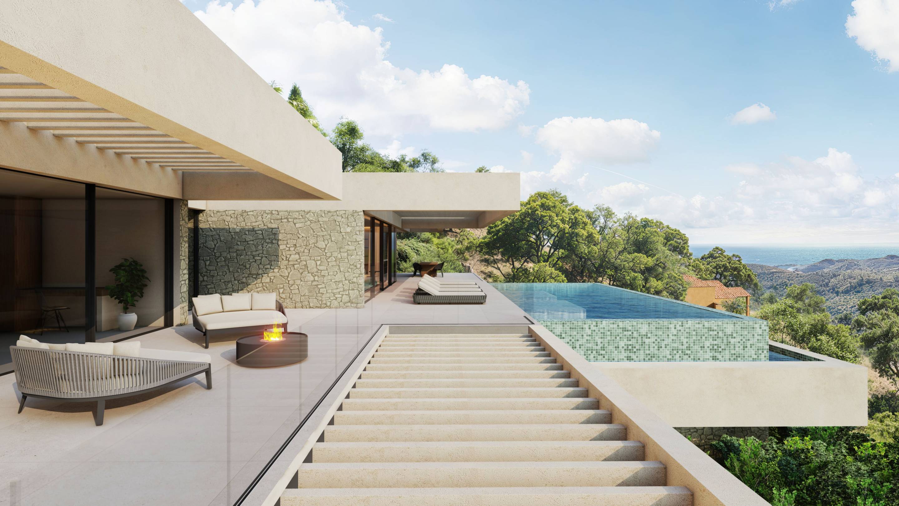 Open living area with floor-to-ceiling glazing in 6-bedroom new-build villa, Montemayor-Marbella Club, Benahavis