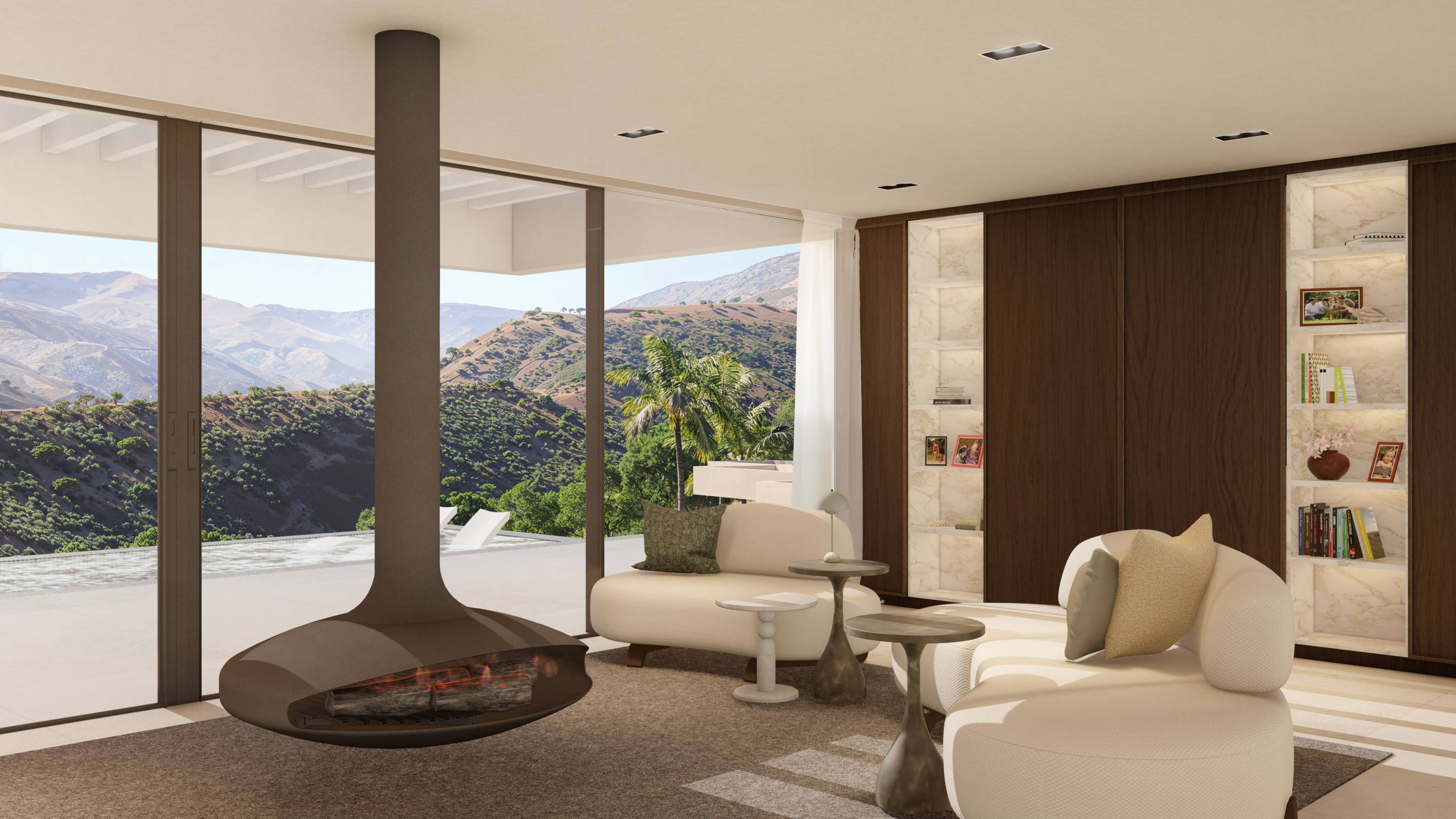 Principal bedroom with full-height windows in new-build 6-bedroom villa, Montemayor-Marbella Club, Benahavis