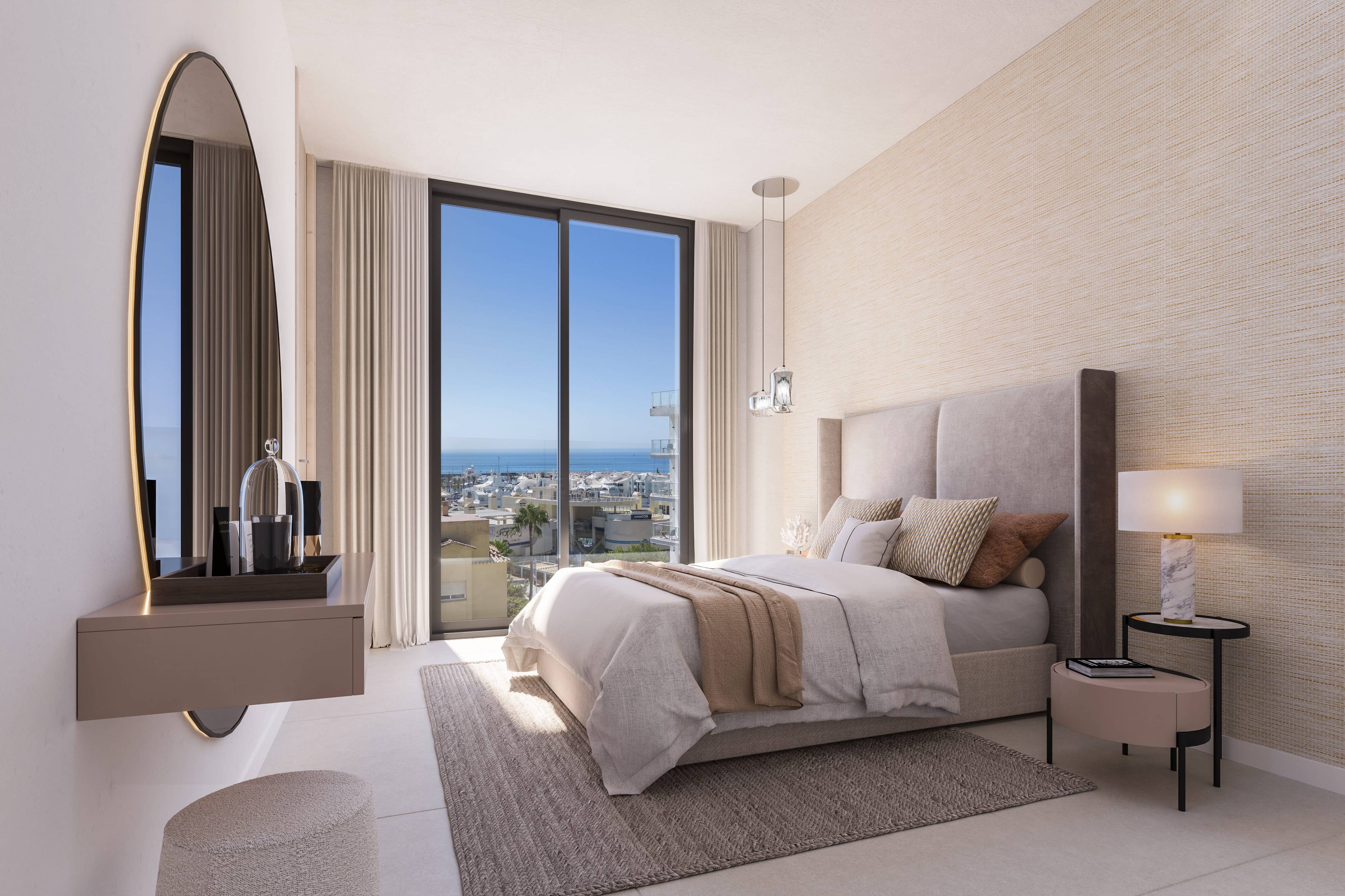 Open-plan living and dining area in 3-bedroom new-build penthouse, Puerto Marina, Benalmádena