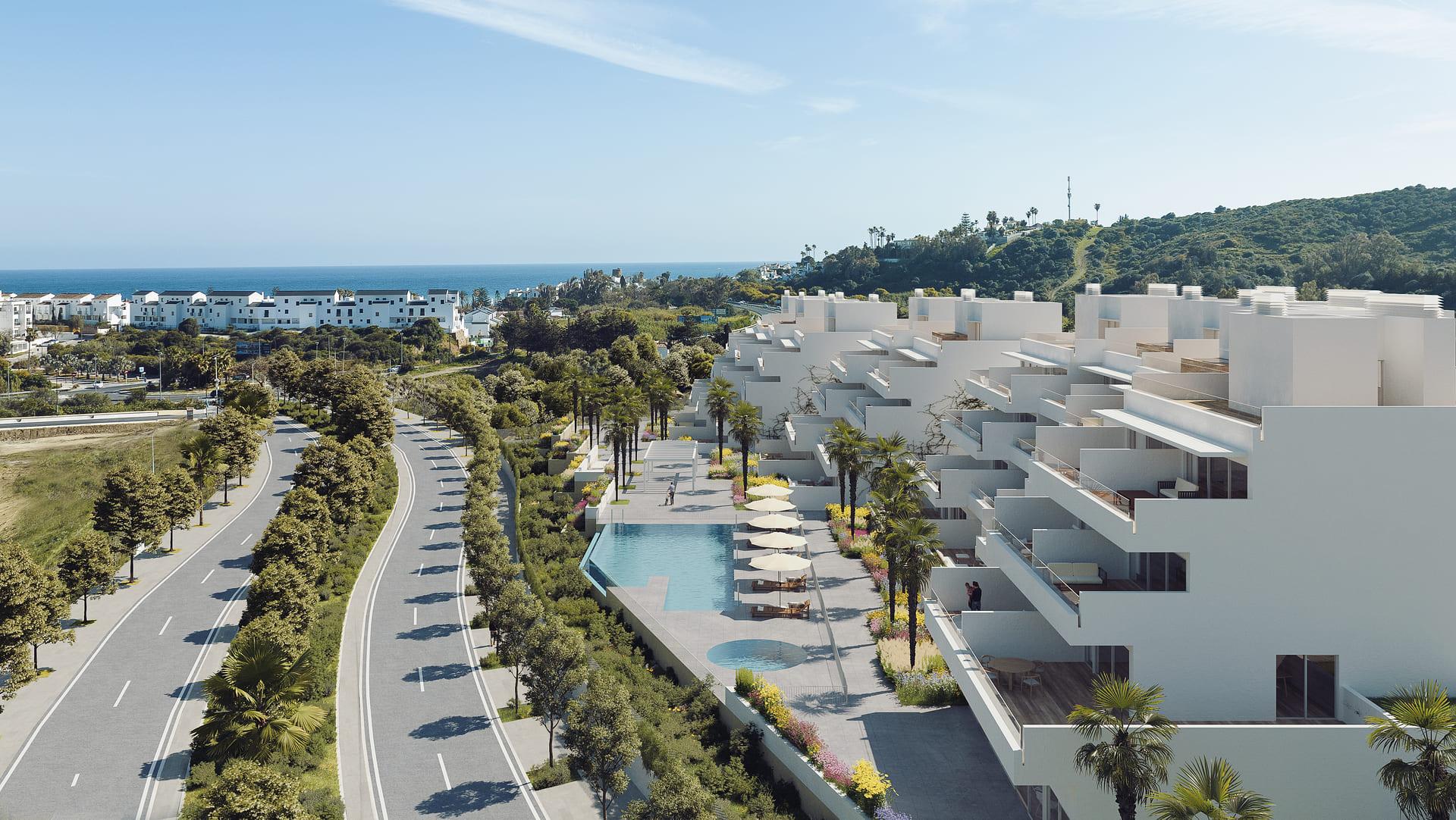 Outdoor terrace area of first-floor apartment in new-build development, Arroyo Enmedio