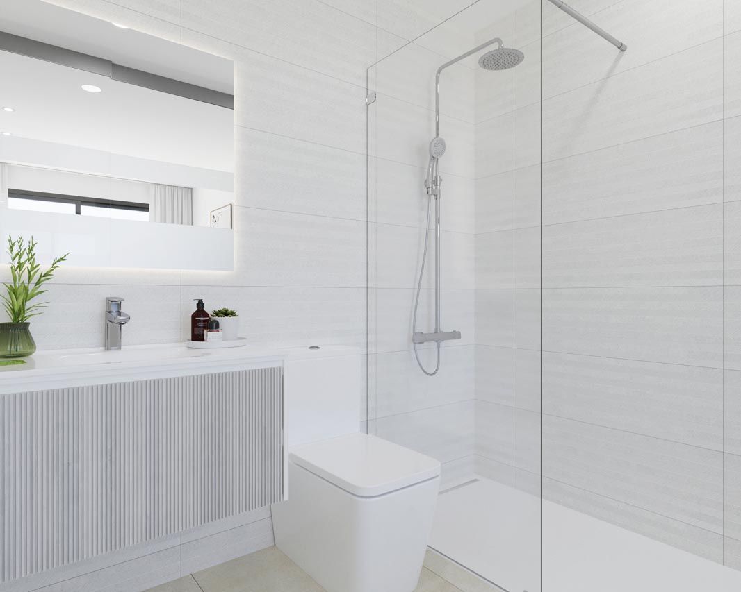 Main bathroom with porcelain tiled walls and floor, 2-bedroom penthouse, Lago Jardín