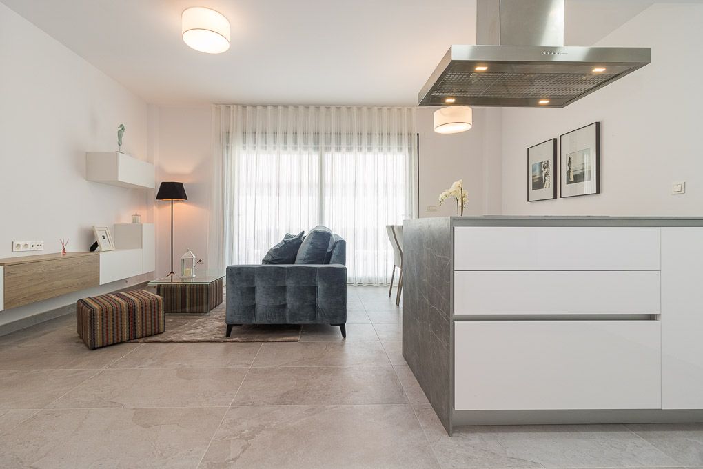 Pool terrace with sun lounger area, Los Balcones development, Torrevieja