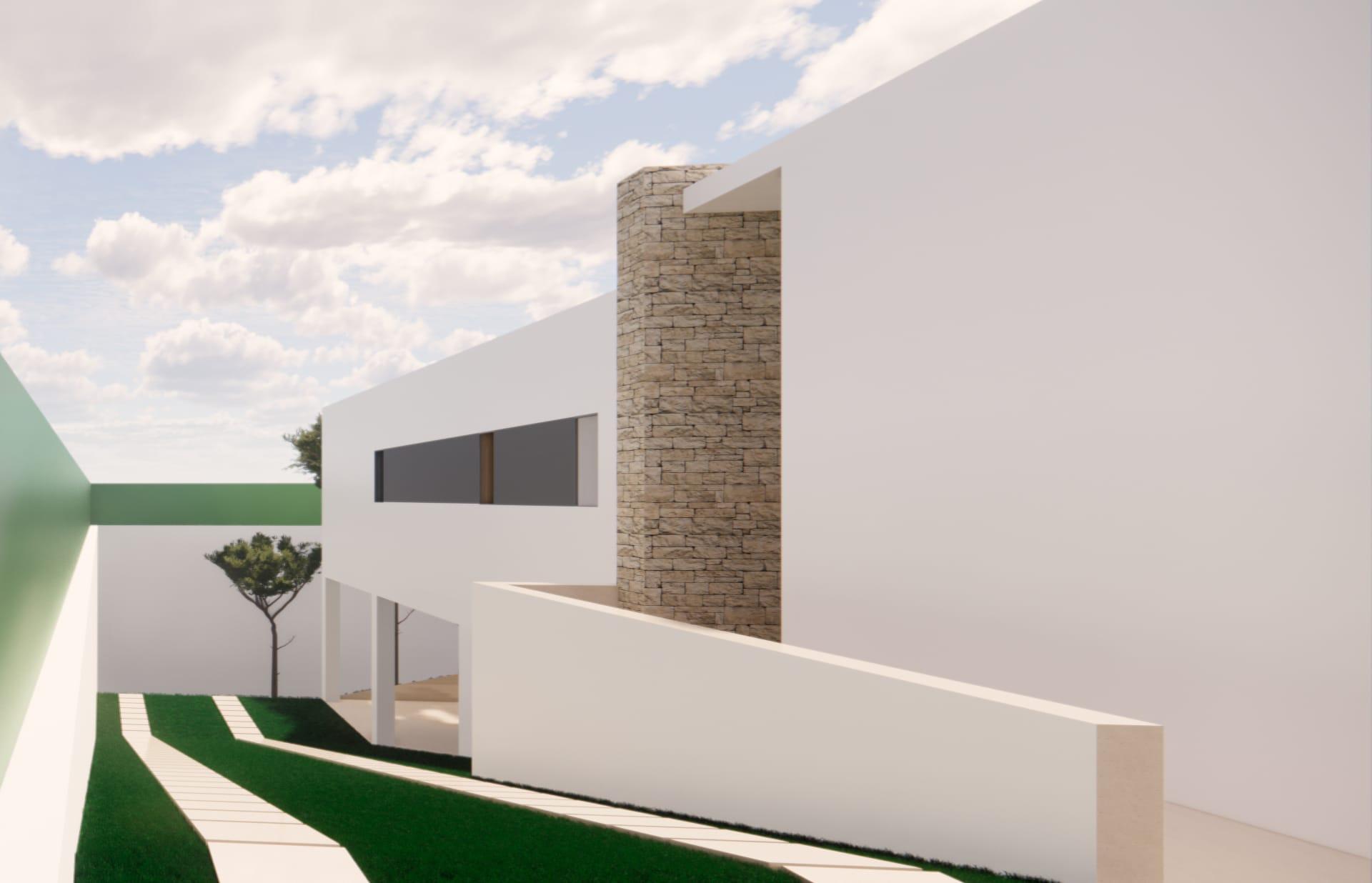 Front elevation of new-build villa in Pinar de Campoverde showing entrance and plot boundary