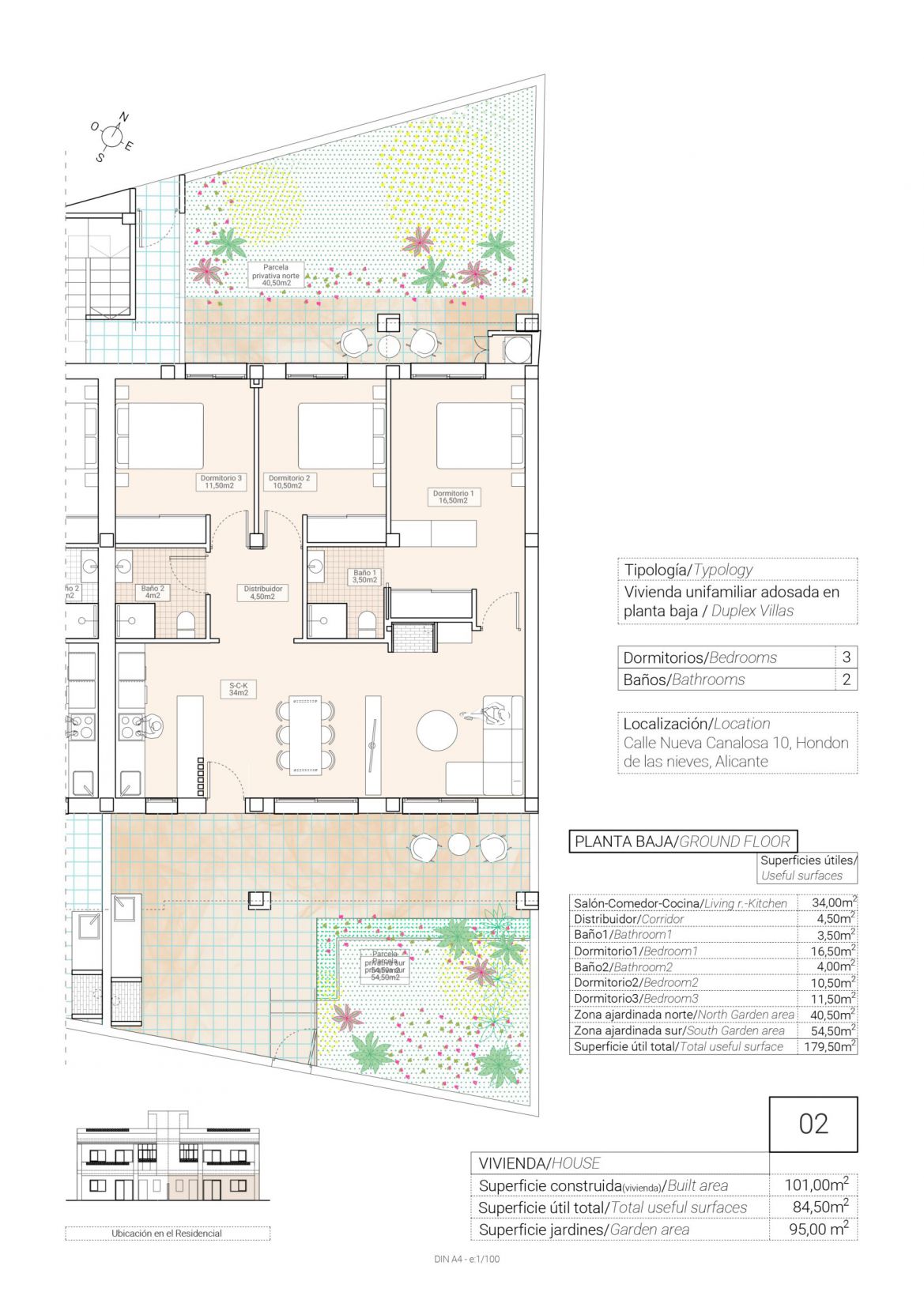 Floor plan of 3-bedroom ground-floor bungalow, La Canalosa, Hondón de las Nieves