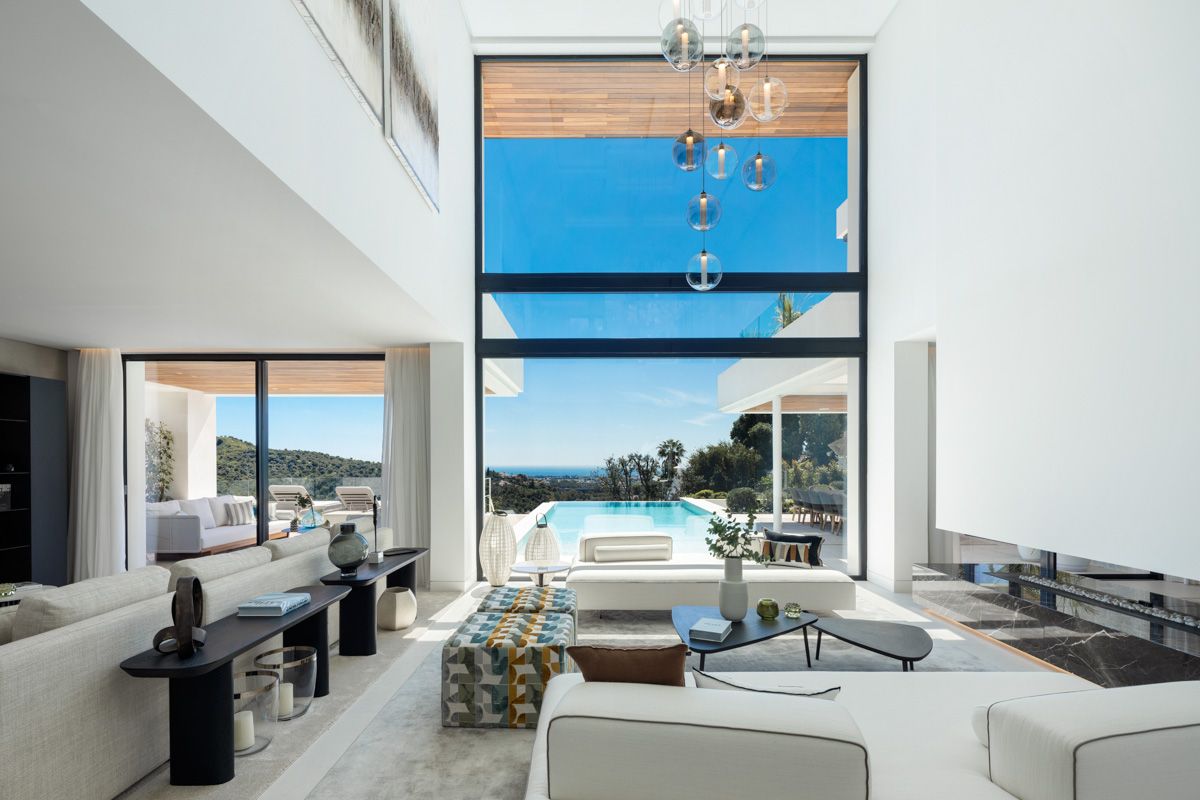 Living room interior with full-height windows, new-build villa, La Quinta