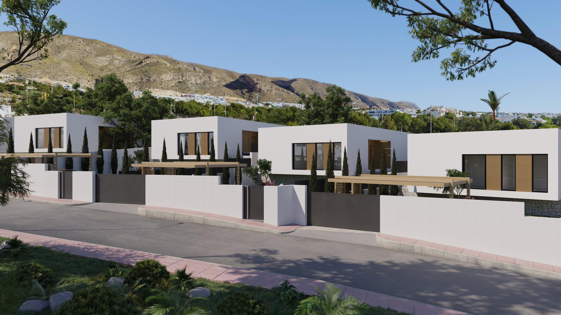 CGI render of open-plan living and dining space, new-build villa, Seascape Resort, Finestrat
