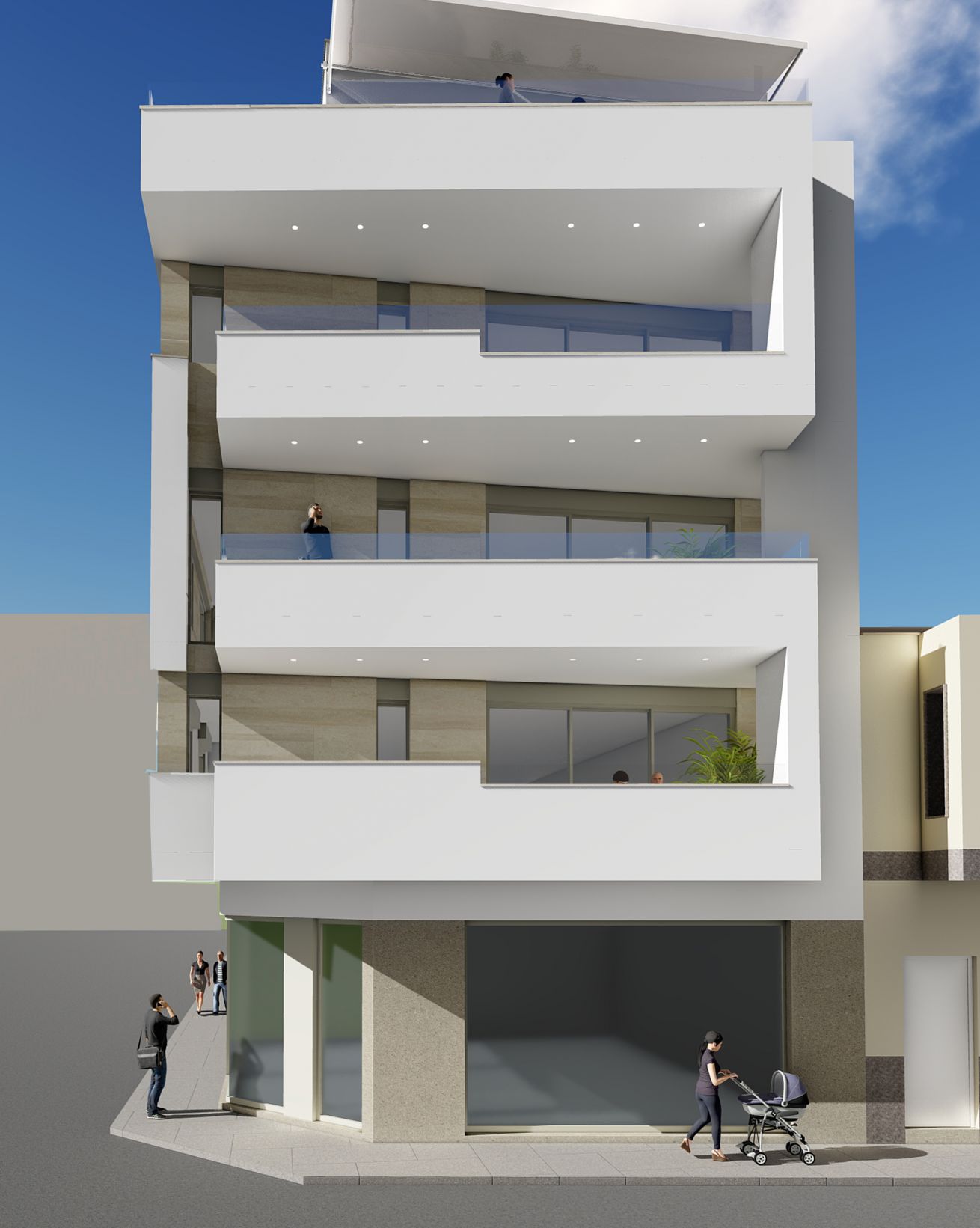 Residential complex exterior showing building height and landscaping, Estación de Autobuses