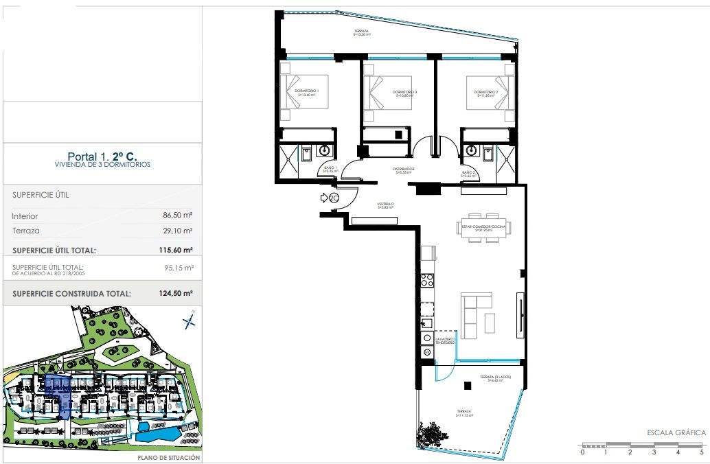 Floor plan of 124 m2 three-bedroom apartment, new-build development, Montealto, Benalmádena
