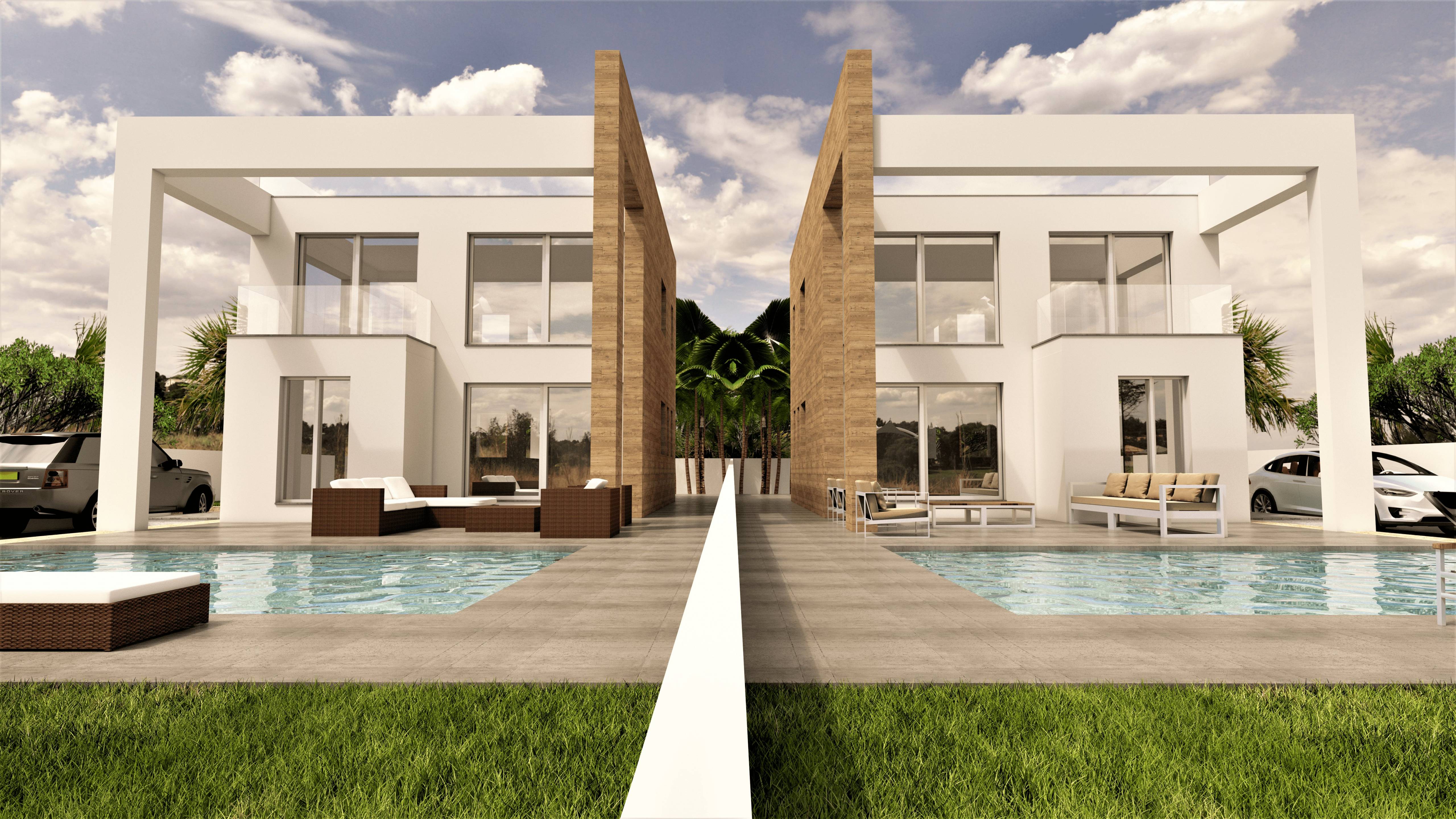 Floor plan of 4-bedroom new-build villa in Aguas Nuevas 2, Torrevieja showing ground-floor room layout and plot boundary