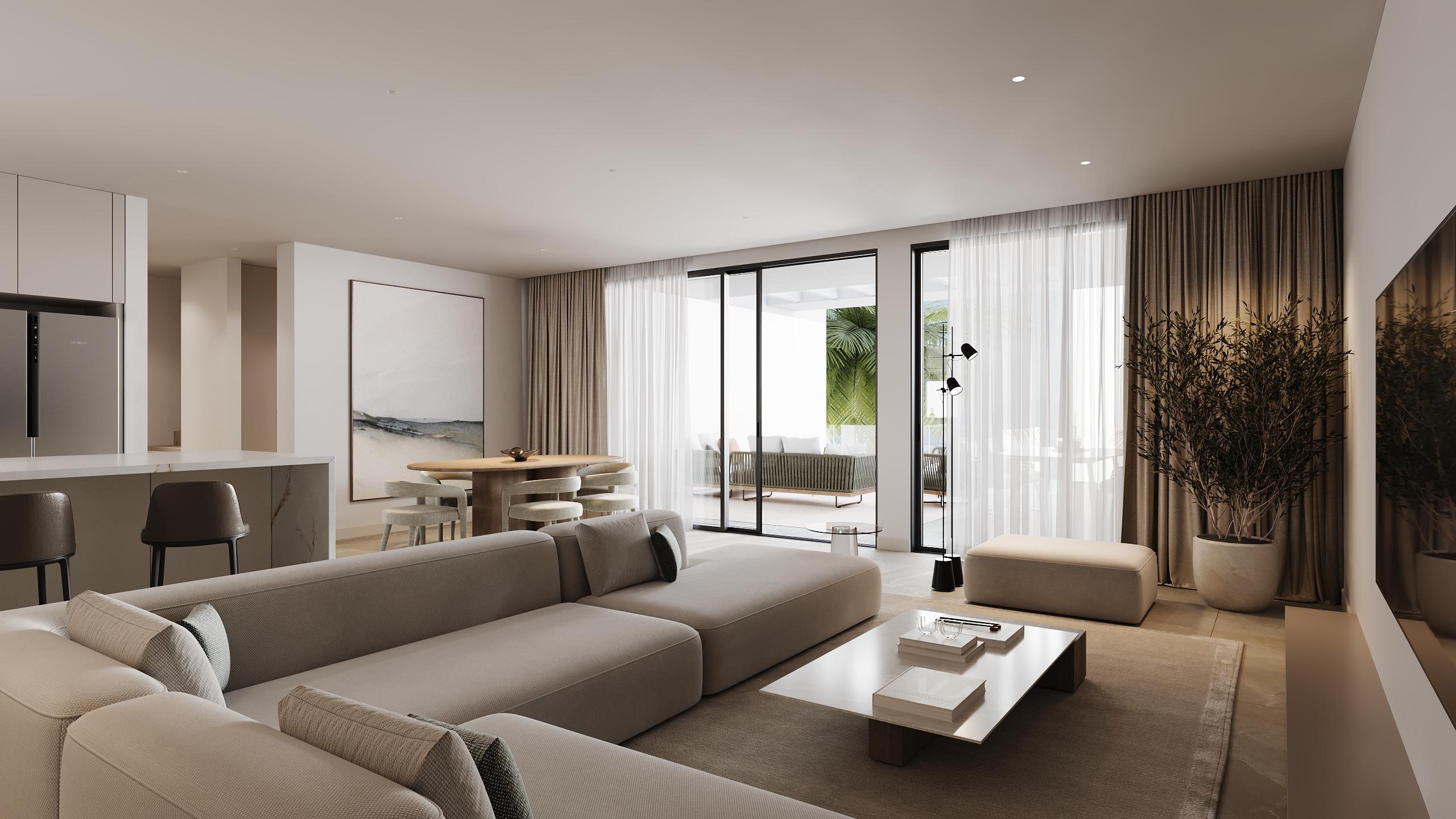 Living area with neutral finishes in new-build penthouse, Sotoserena, Estepona