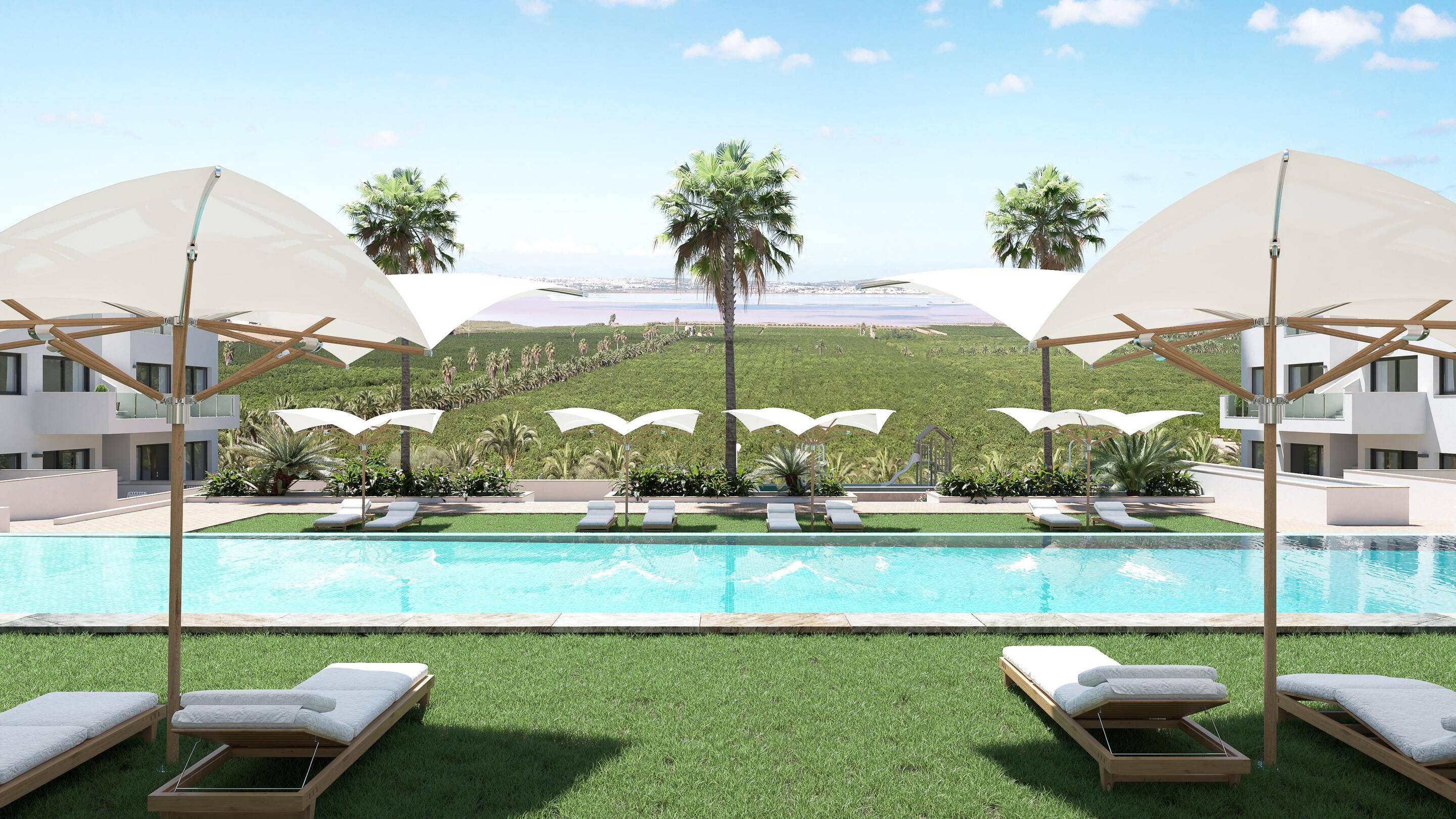 Upper-floor bungalow units with solarium terrace, new-build development, Lago Jardín, Torrevieja