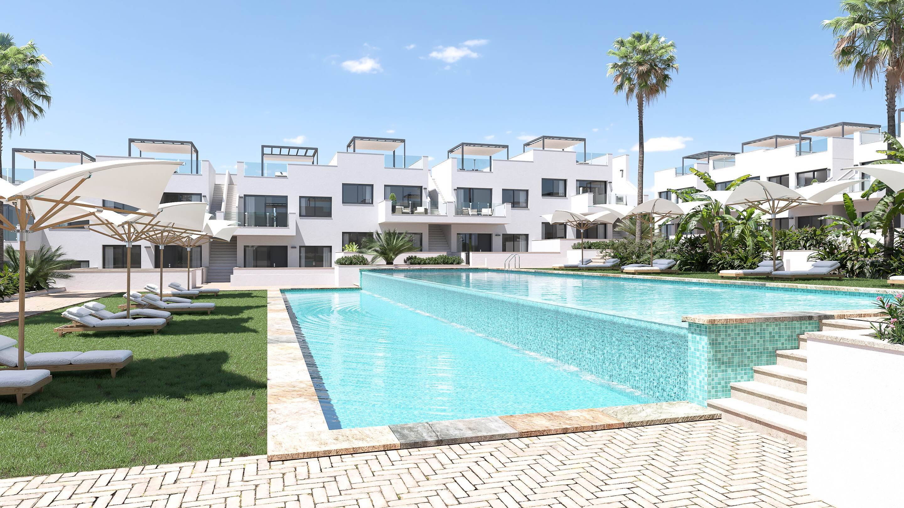 Open-plan living area with ceramic tile flooring in 2-bedroom bungalow, Lago Jardín, Torrevieja