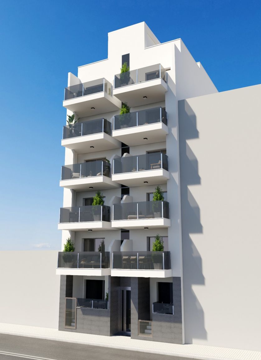 Exterior facade of new-build apartment block, Playa del Cura, Torrevieja