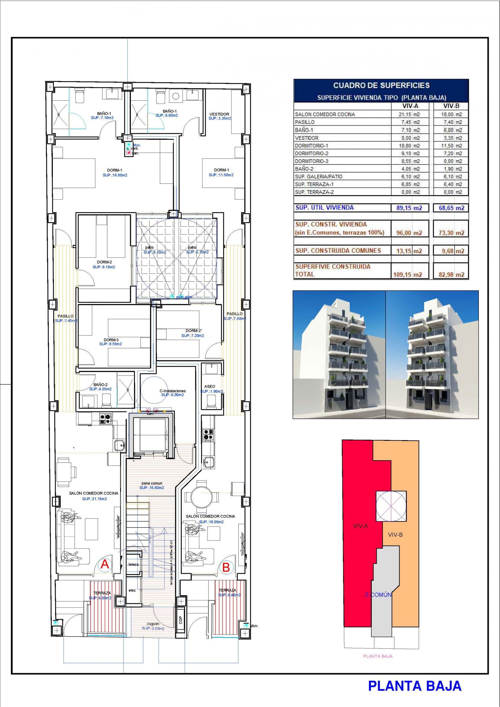 Floor plan showing 109 m2 three-bedroom layout, ground-floor apartment, Playa del Cura, Torrevieja