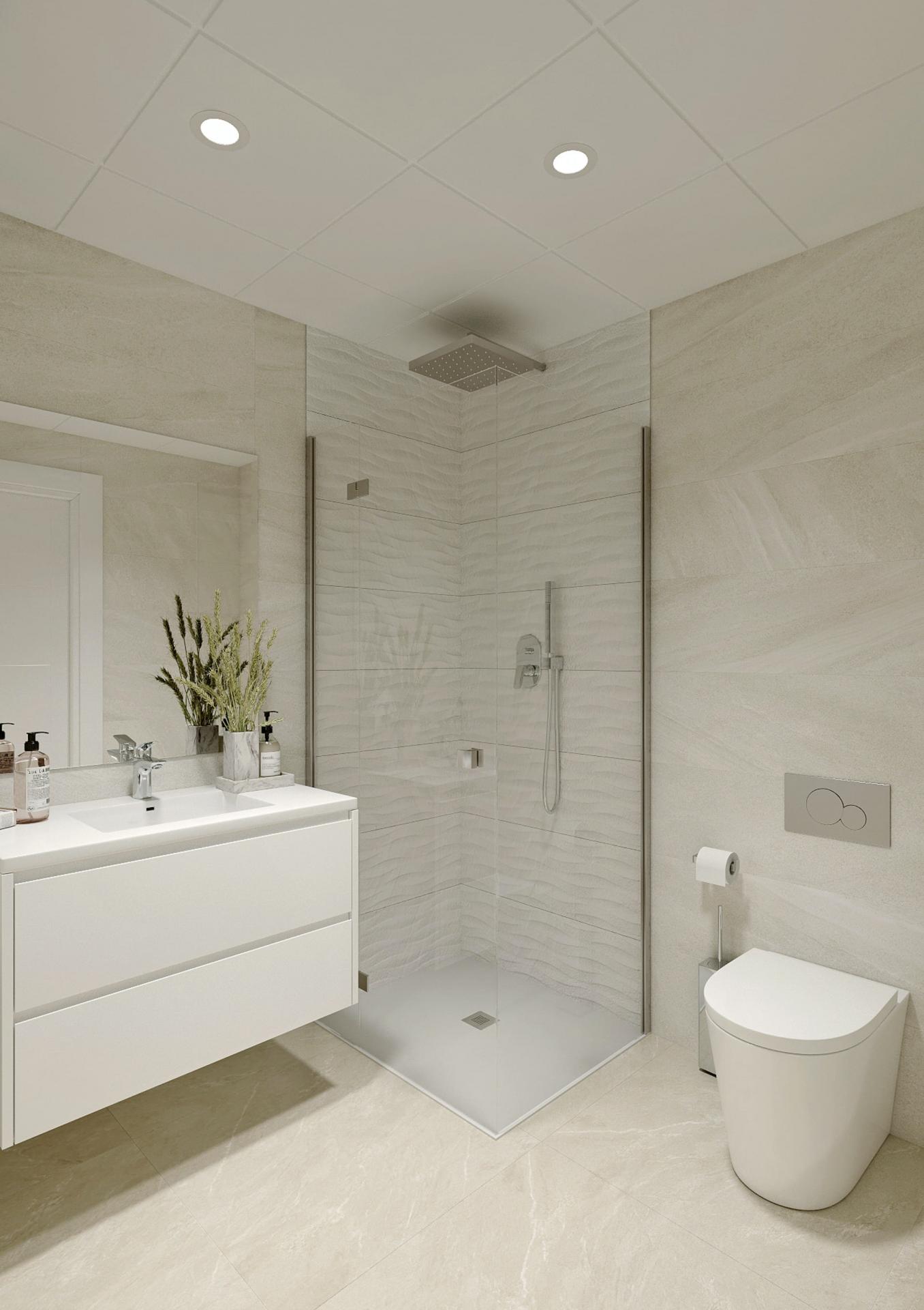 Main bathroom with tiled walls and shower in new-build apartment, Playa del Cura, Torrevieja
