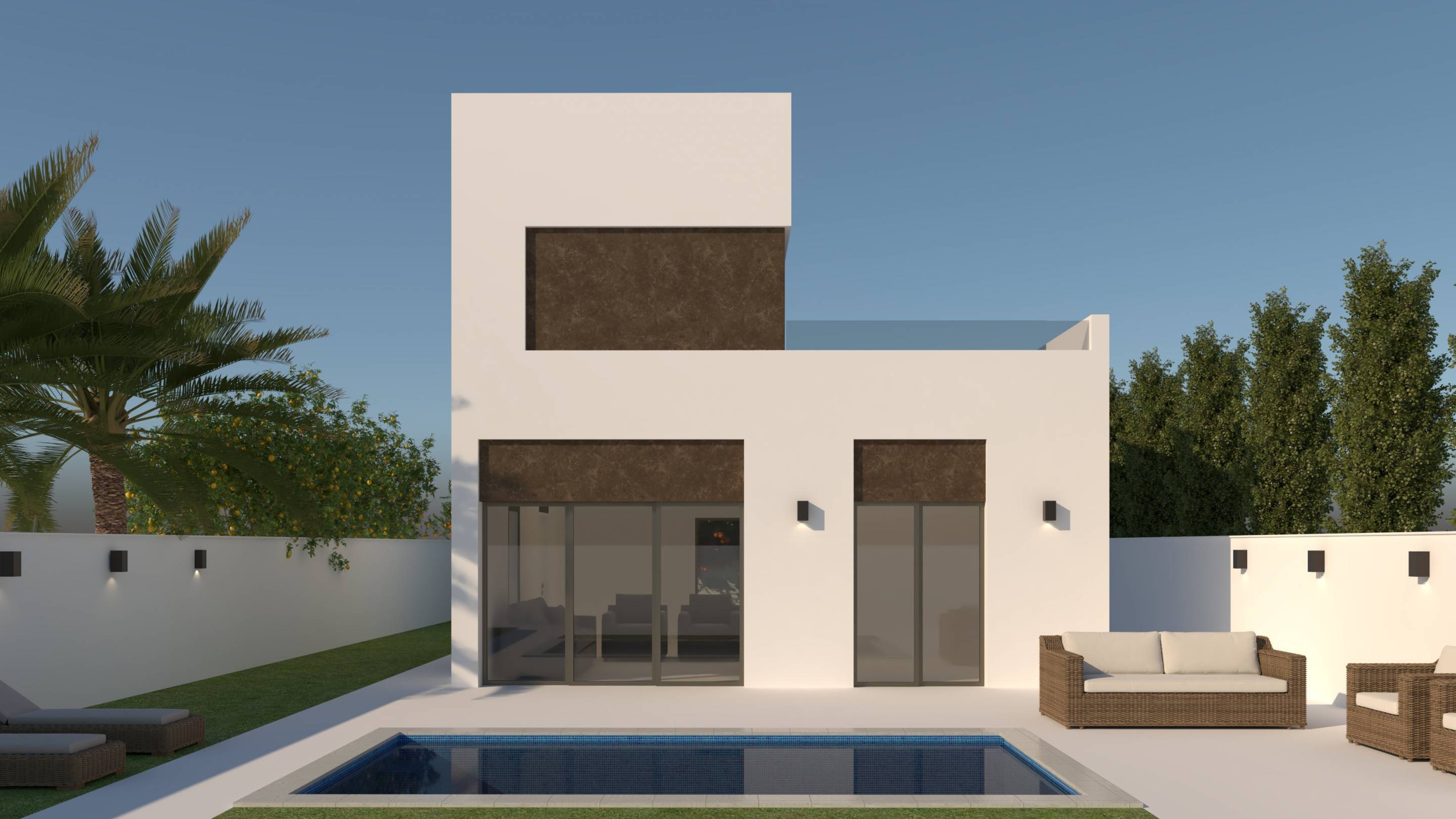 Open-plan living area in 3-bedroom new-build villa, Ciudad Quesada, showing tiled flooring and glazed doors
