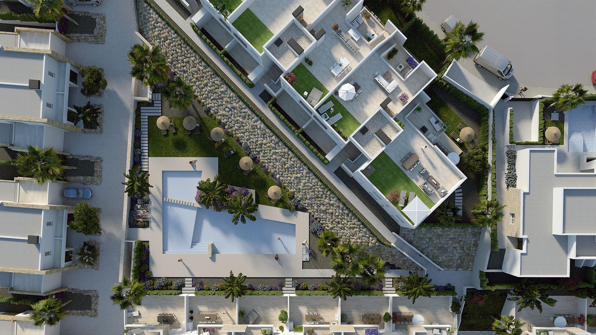 Landscaped communal garden in new-build bungalow development, Algorfa