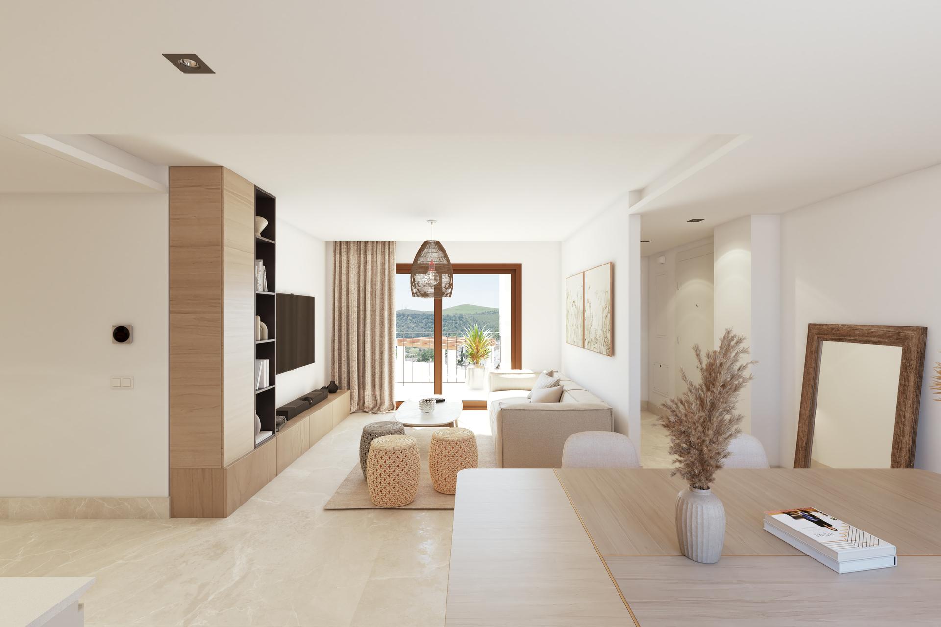 Communal pool with surrounding paved terrace in La Quinta development, Benahavis