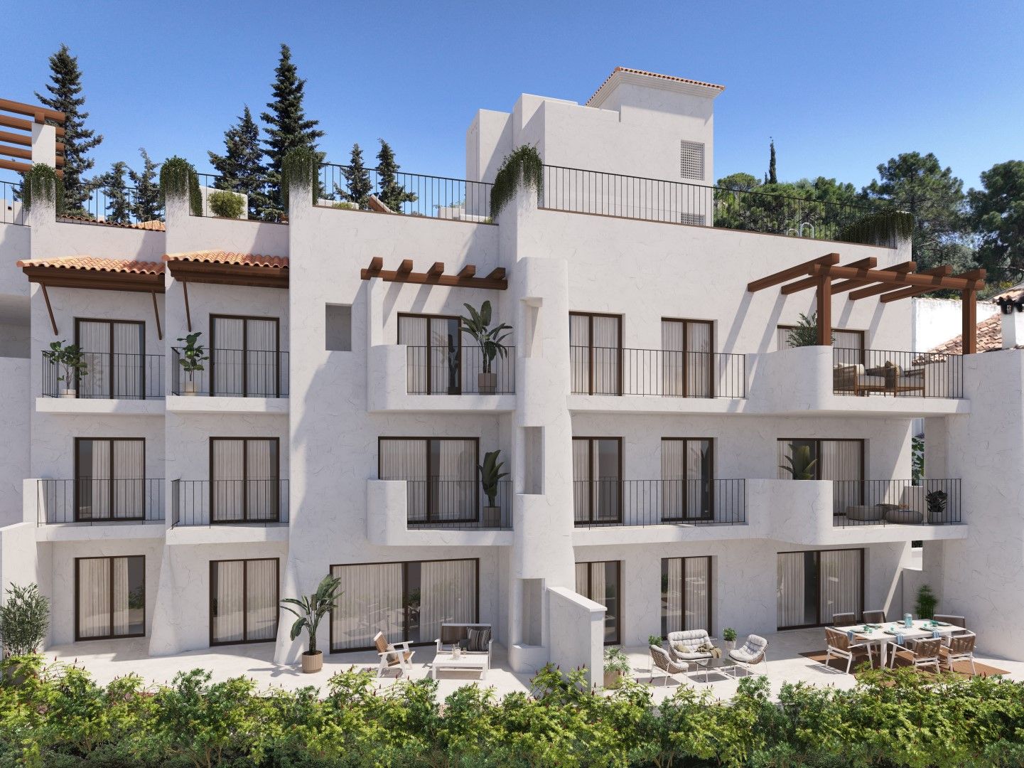 View of hills and tree line from apartment building exterior, La Quinta, Benahavis