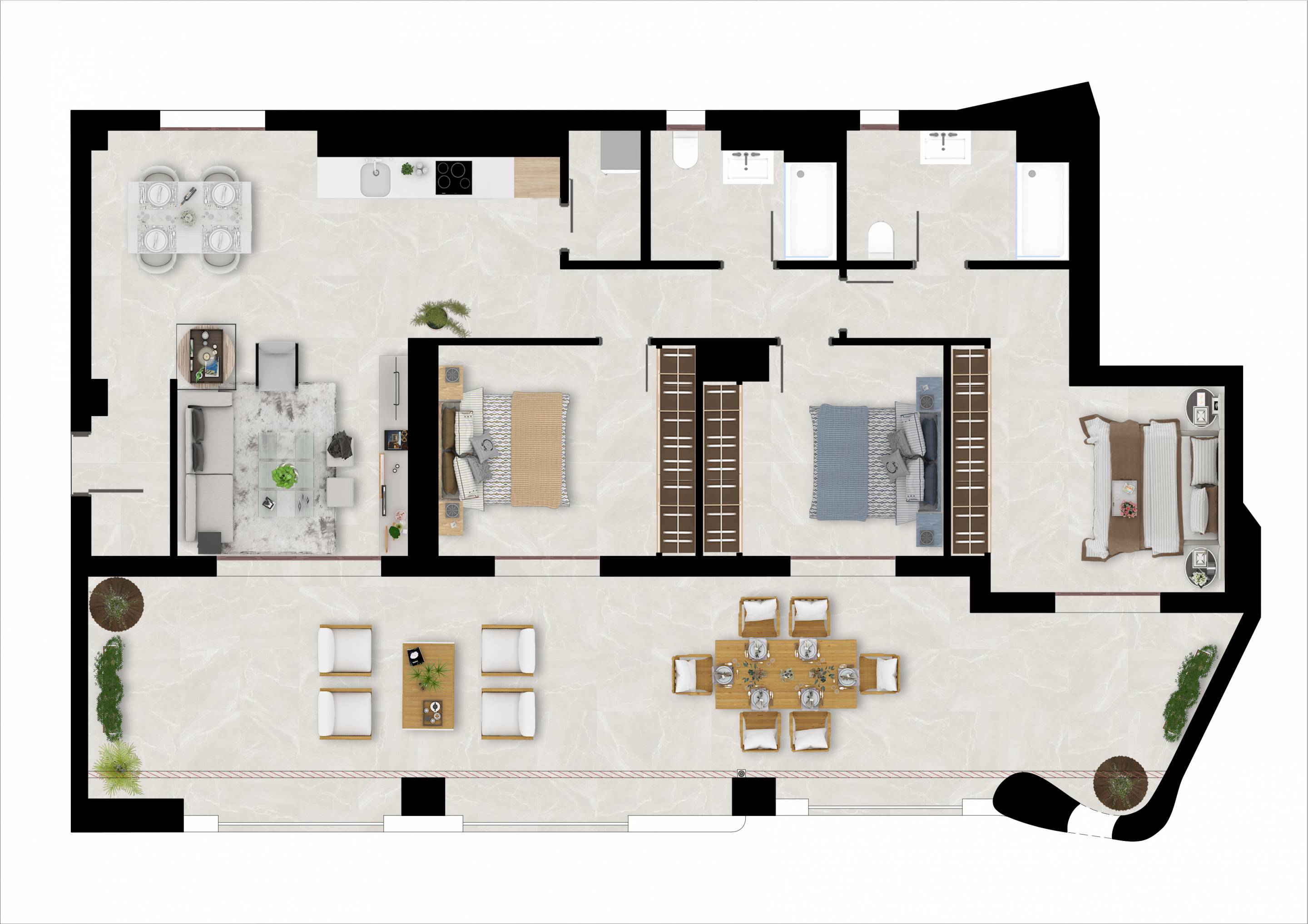 Floor plan showing layout of 3-bedroom apartment on second floor, La Quinta, Benahavis