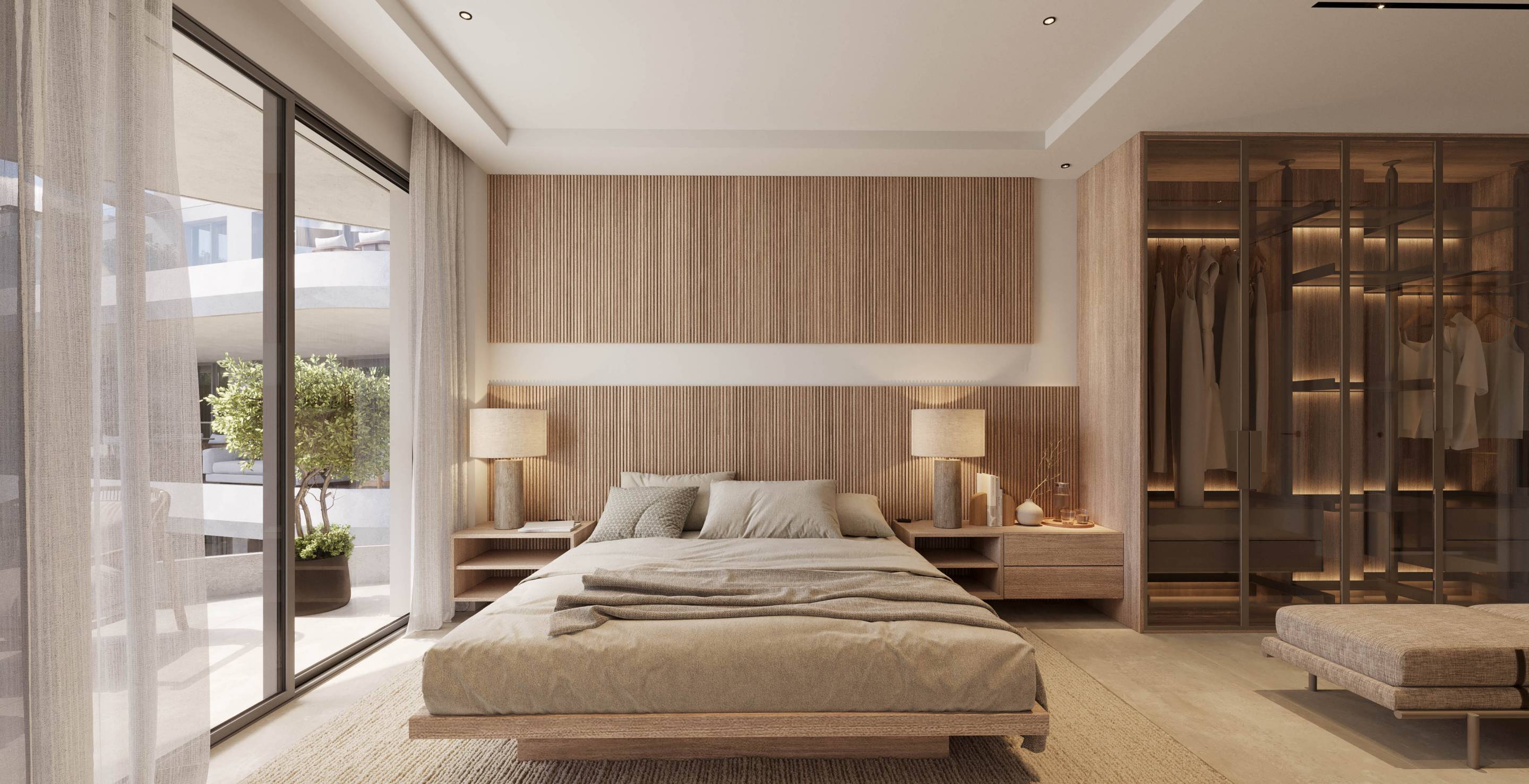 Evening CGI render of residential development exterior, Arroyo Enmedio, Estepona