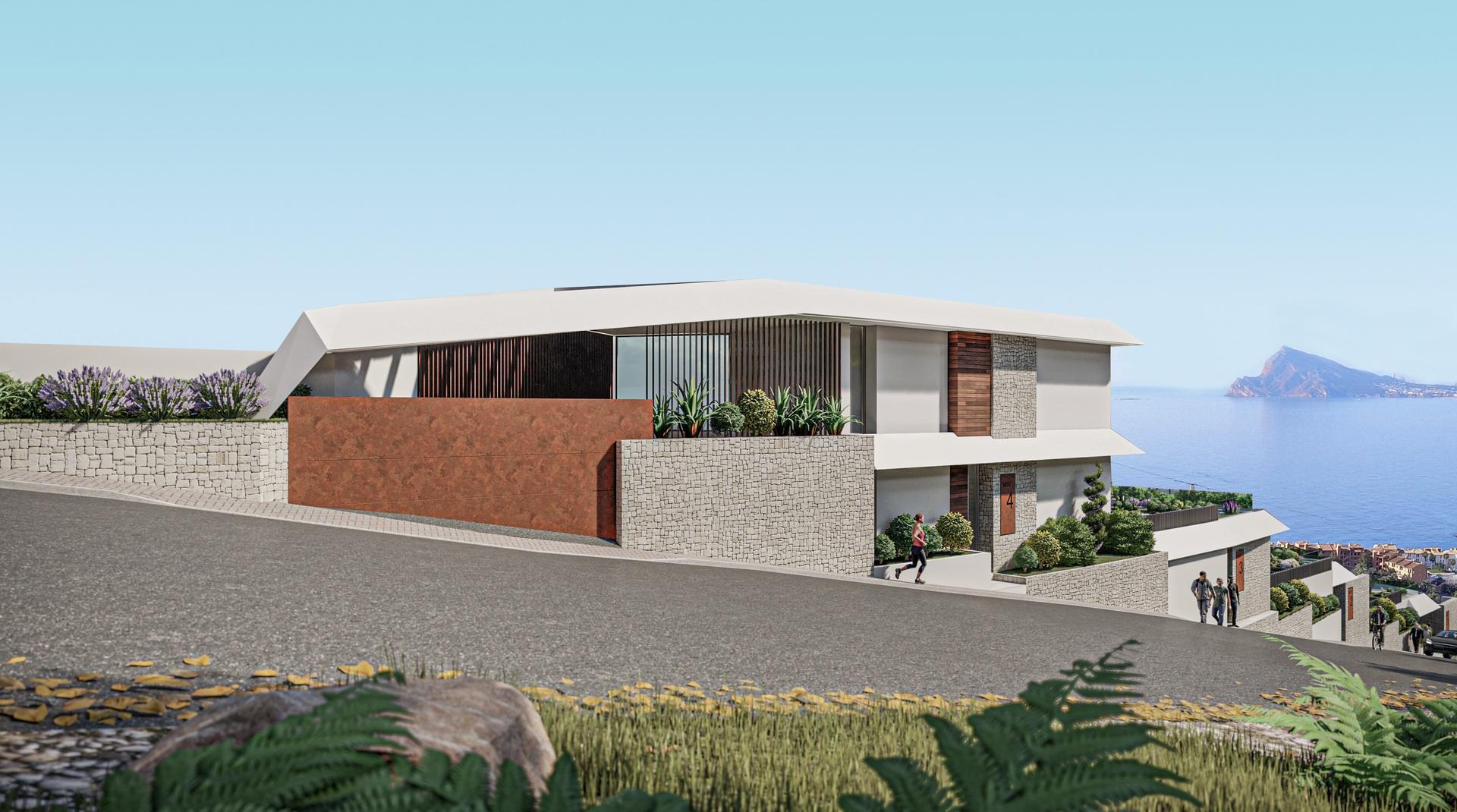 Communal pool viewed from terrace of new-build villa, Puerto, Calpe