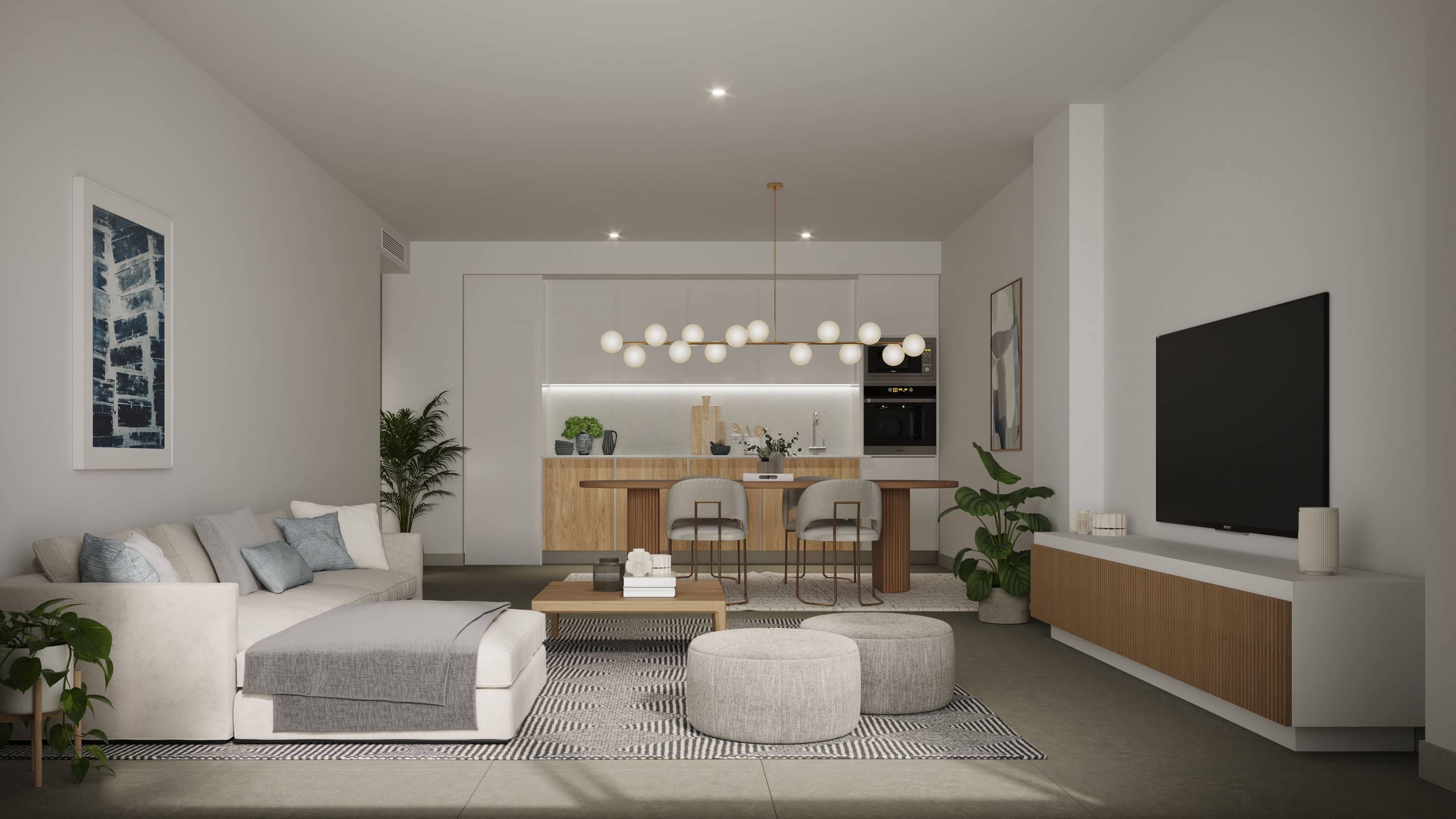 Open-plan kitchen and dining area in 2-bedroom apartment, La Cala de Mijas