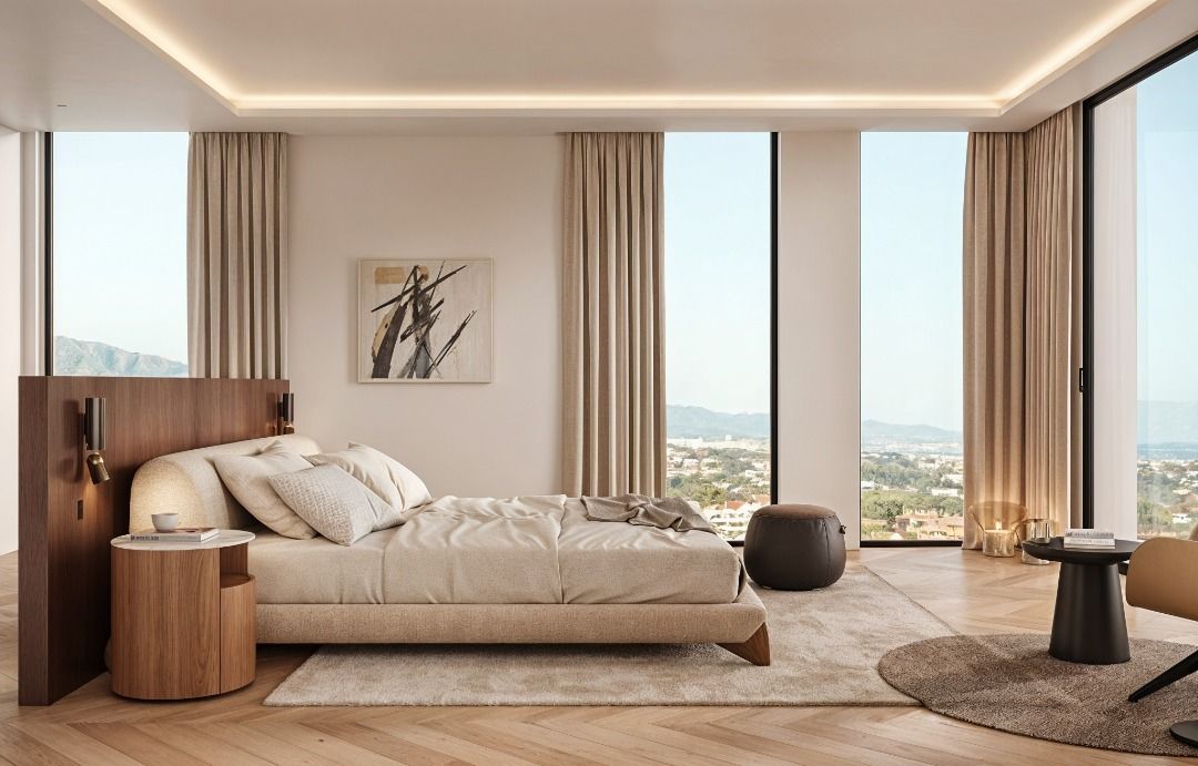 Living room with large windows in first-floor apartment, La Quinta, Benahavis