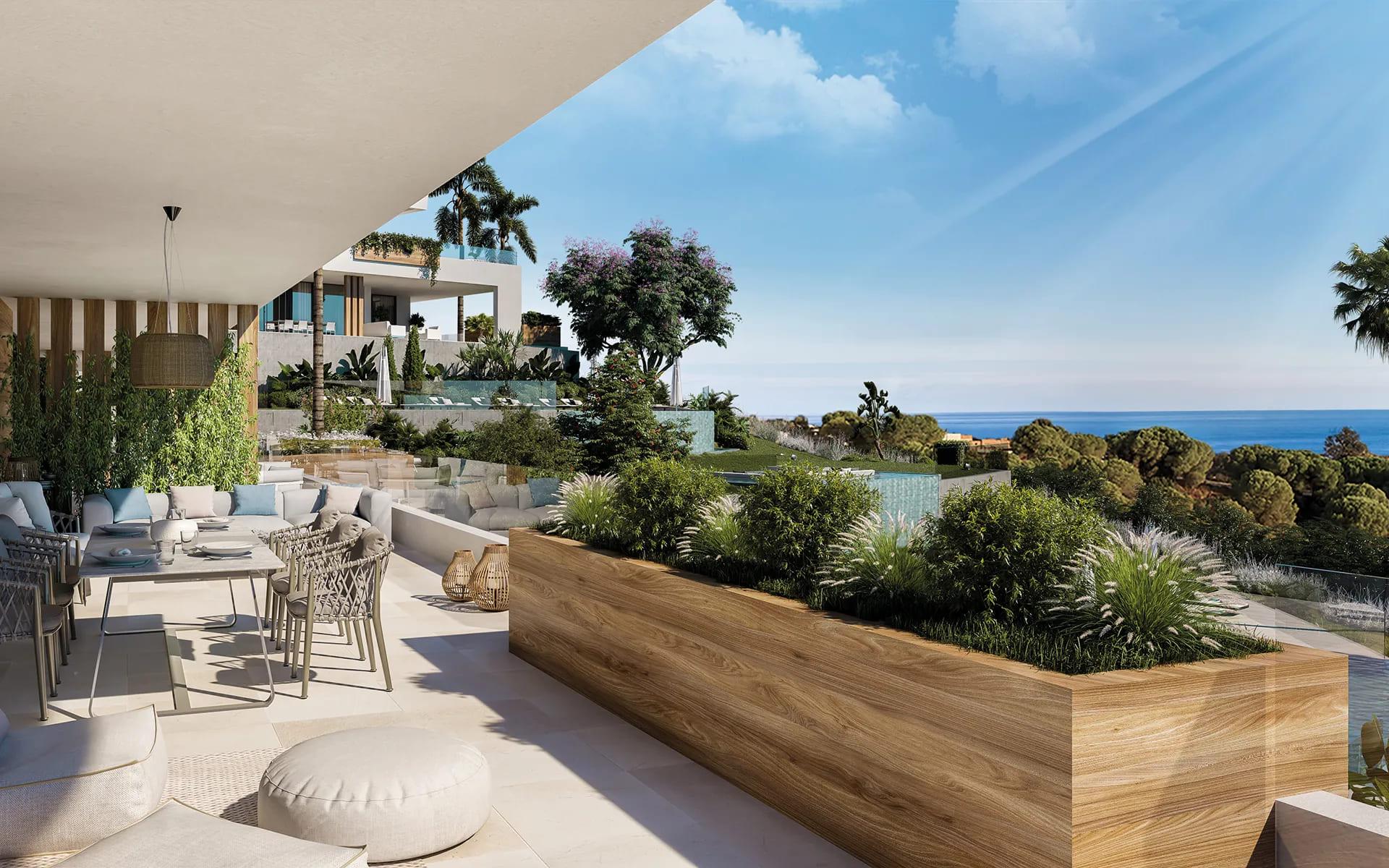 Communal pool and landscaped grounds of new-build development, Cabopino, Marbella