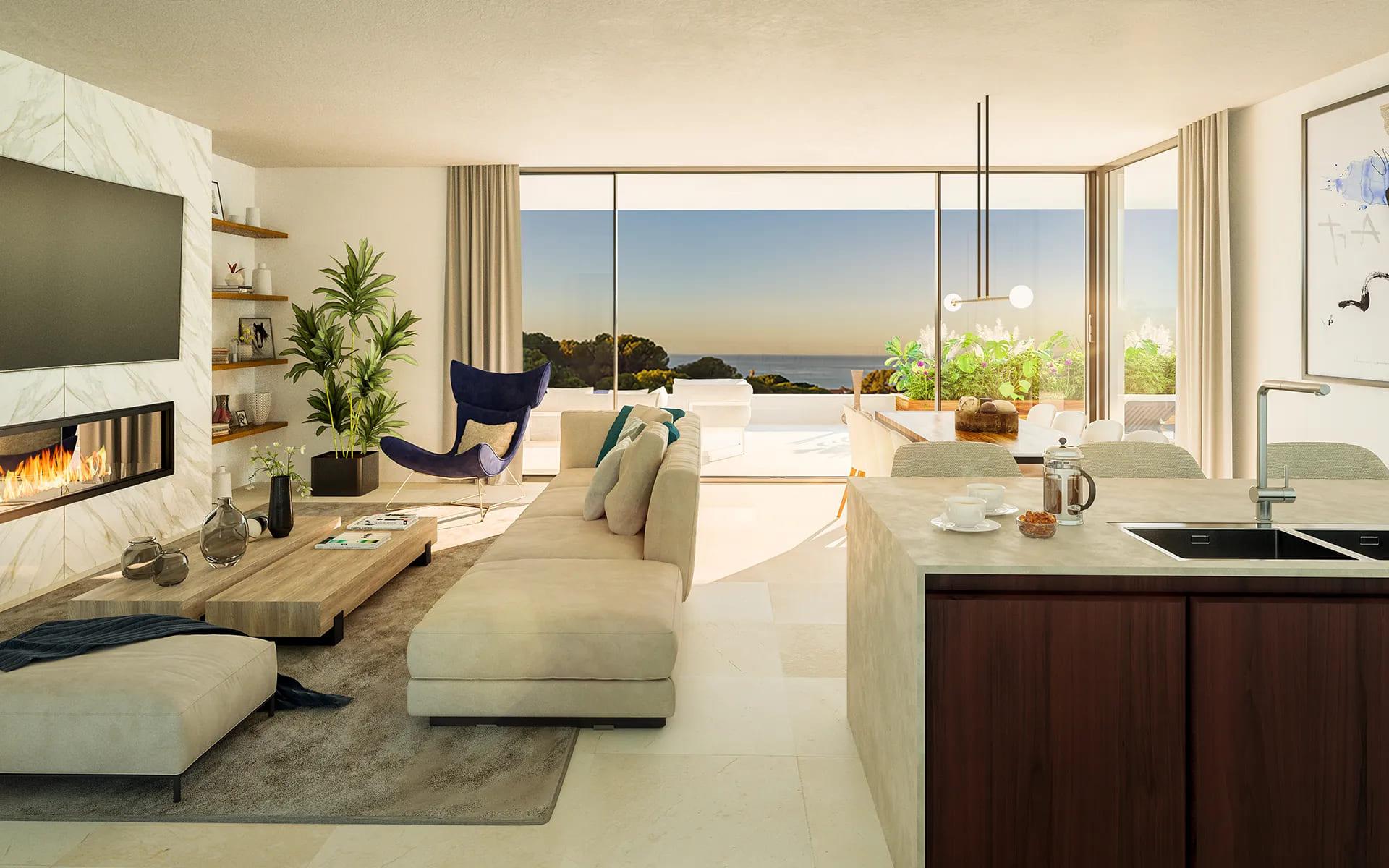 Open-plan living and dining area in 3-bedroom ground-floor apartment, Cabopino, Marbella