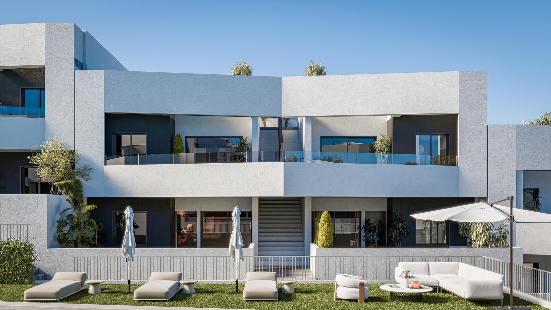 Landscaped communal grounds in bungalow development, Centro, San Miguel de Salinas