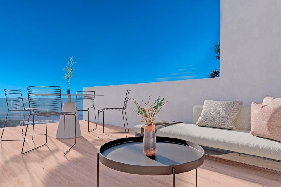 Exterior facade of bungalow block at new-build development, Los Balcones, Torrevieja