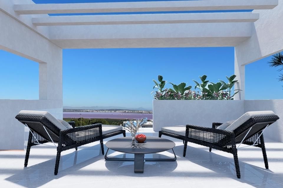 Development entrance and landscaping at new-build resort, Los Balcones, Torrevieja