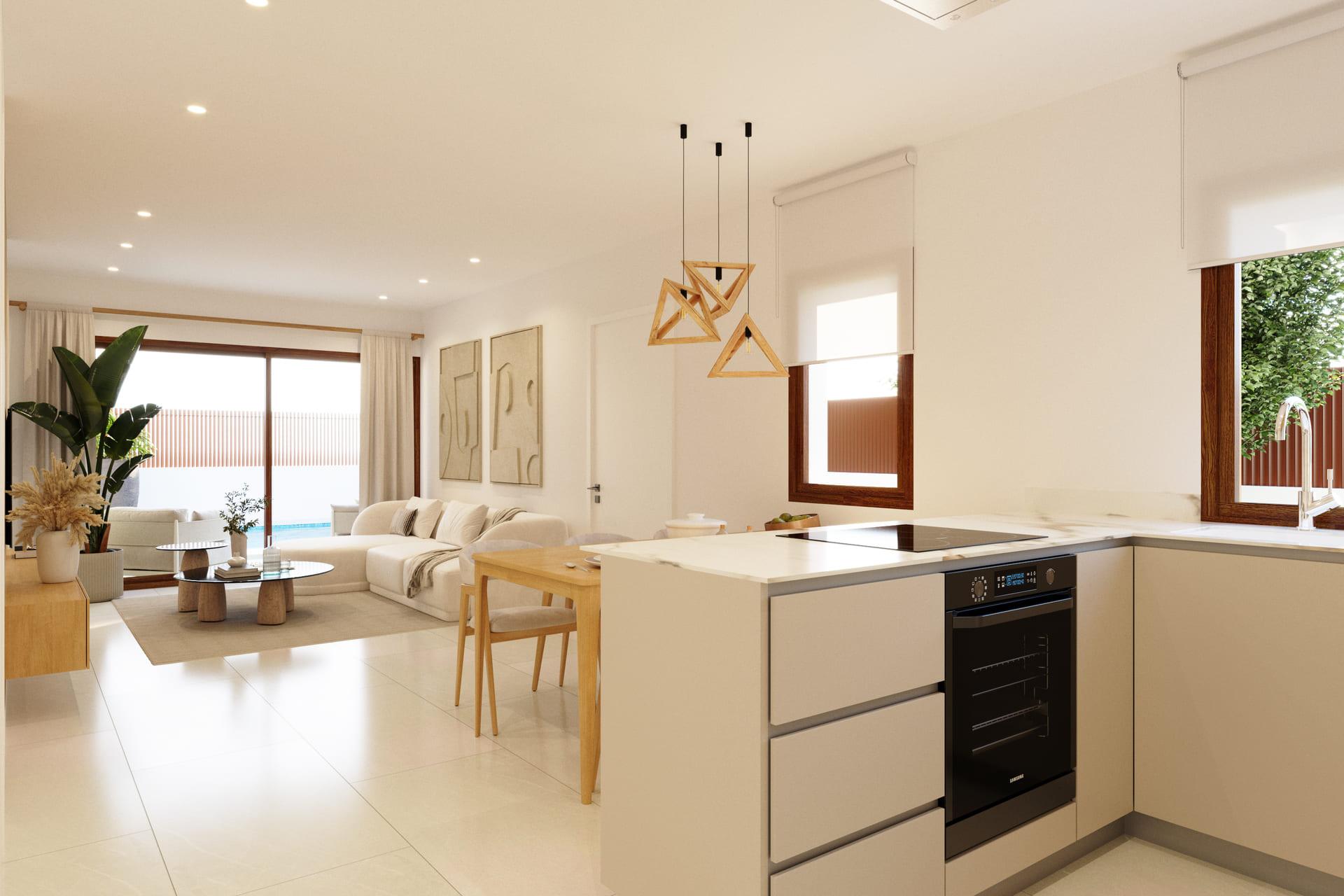 Rendered front facade of new-build townhouse, Desamparados, Orihuela