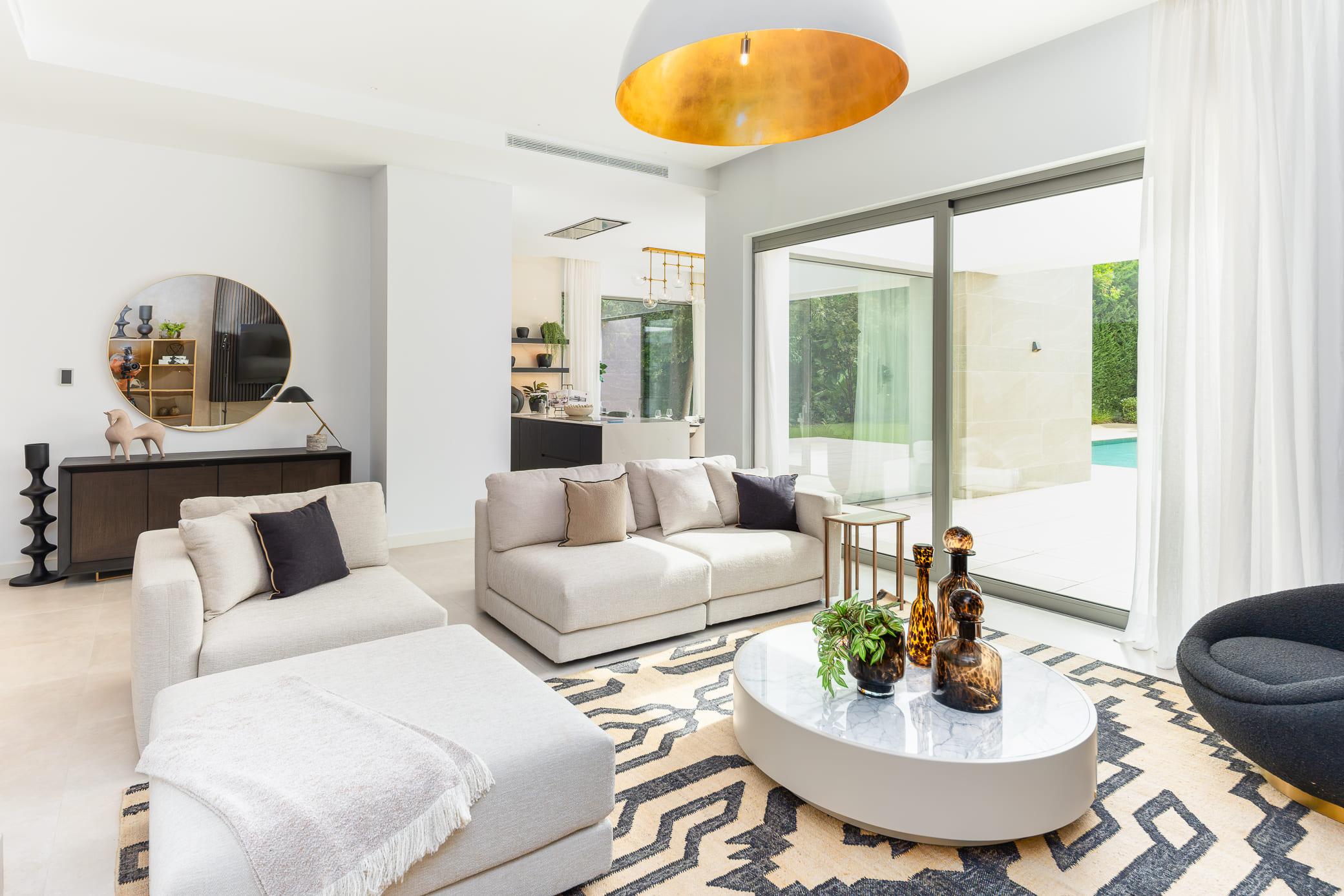 Interior detail of open-plan living space in new-build villa, Bel-Air