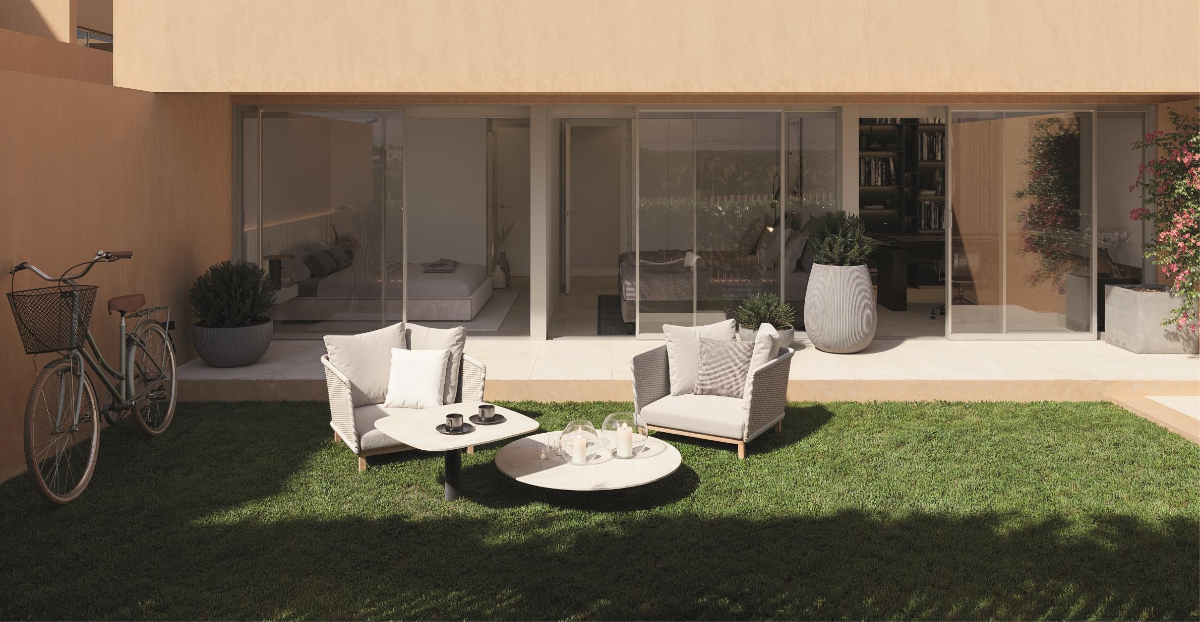 Landscaped communal garden with pathways, Los Balcones development