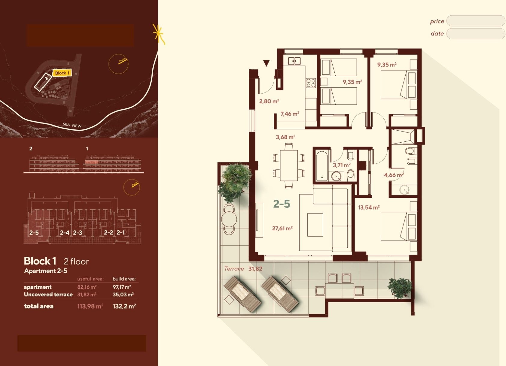 Floor plan of 3-bedroom apartment on third floor, Calaburra, Mijas
